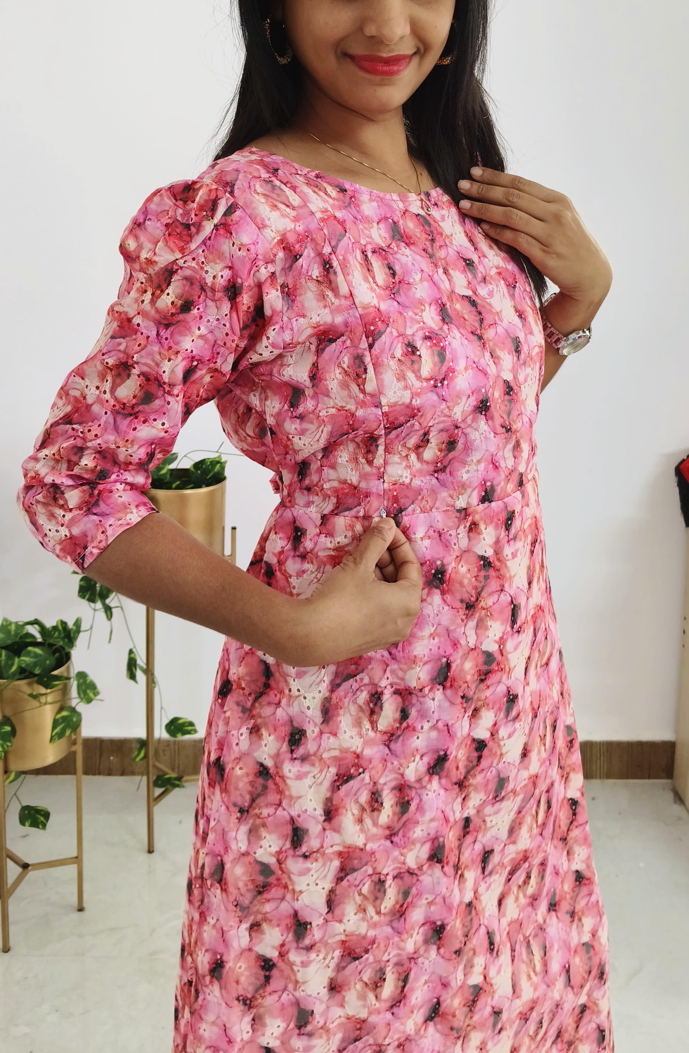 Anbarasi: Feeding-Friendly Cotton Hakoba Dress with Invisible Side Zips – 3/4 Puff Sleeves, Back Tie, Overlock Finish, Cotton Lining, Sizes S to XL