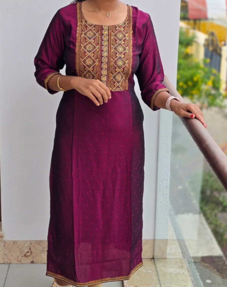 Anbarasi: Muslin Straight Cut Kurti | Heavy Work Design | Full Lining | Available in Sizes S to XXL | 44 Inches Long