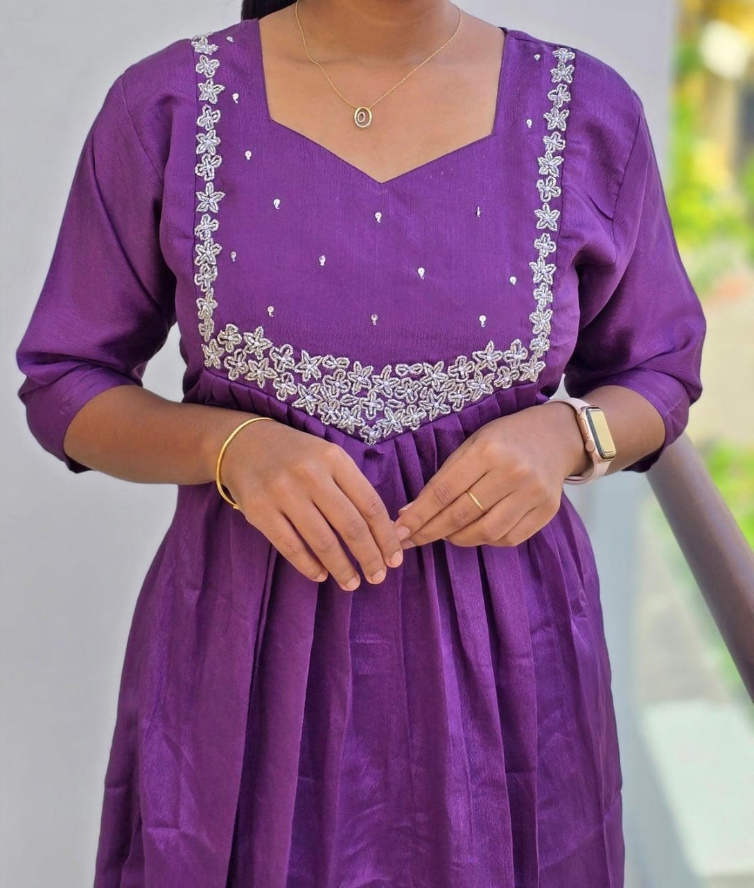 Anbarasi: Vichitra Silk A-Line Kurtis with Heavy Handcrafted Neck Work | Full Lining | 45-inch Height | Sizes S to XXL