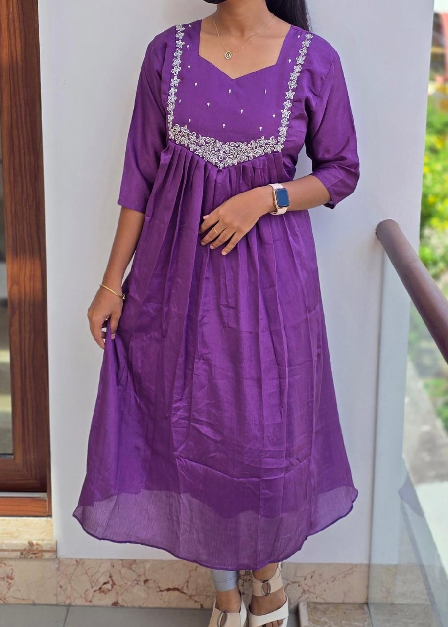 Anbarasi: Vichitra Silk A-Line Kurtis with Heavy Handcrafted Neck Work | Full Lining | 45-inch Height | Sizes S to XXL