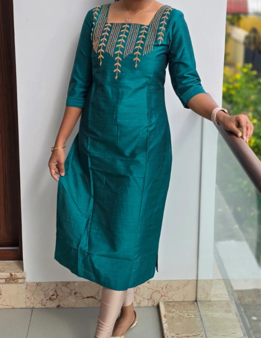 Anbarasi: Straight Cut Kurti with Pocket | Silk Cotton | Heavy Aari Work on Yoke | S-XXL | 43