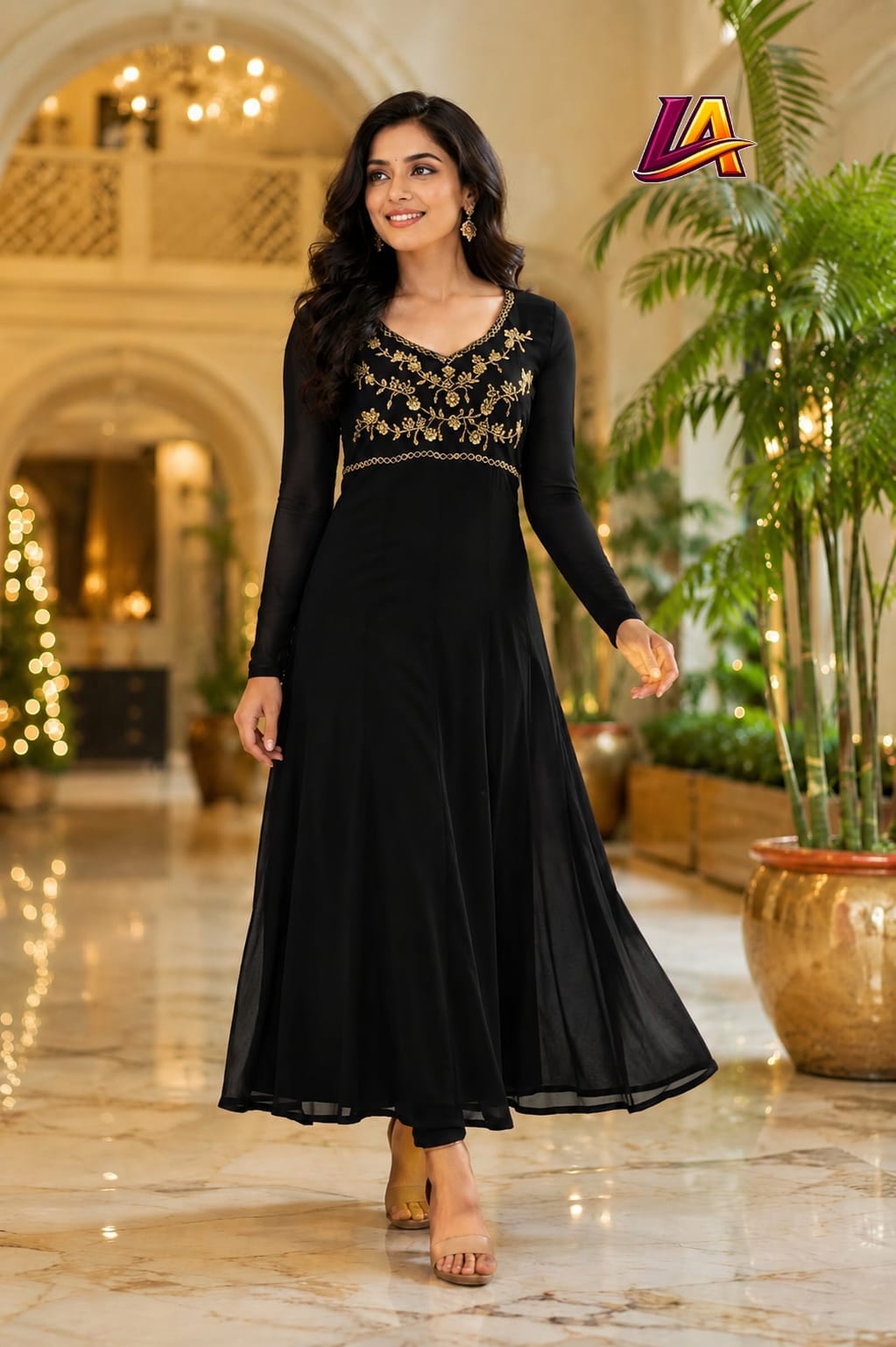 Georgette with crepe lining handwork in yoke part