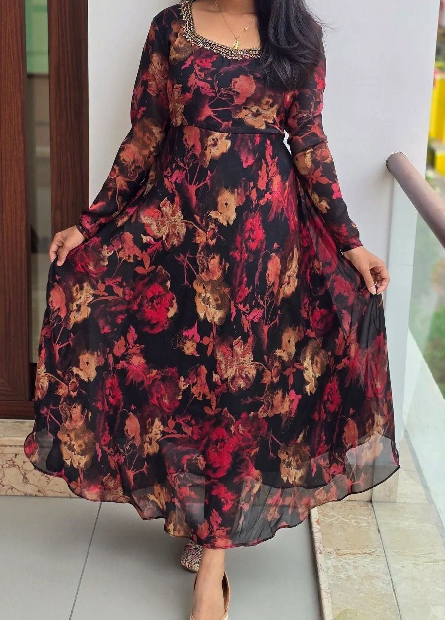 Elegant Georgette A-Line Kurtis with Crepe Lining, Full Sleeve, 45 Inch