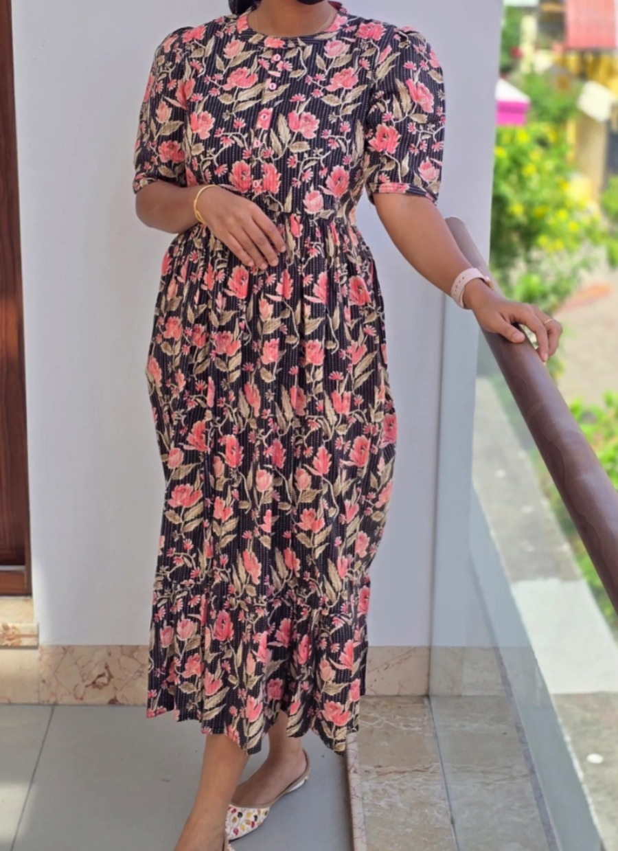 Anbarasi: Western Maxi Dress in Jaipur Cotton with Kantha Work and Puff Sleeves - Half Lined, S to XXL