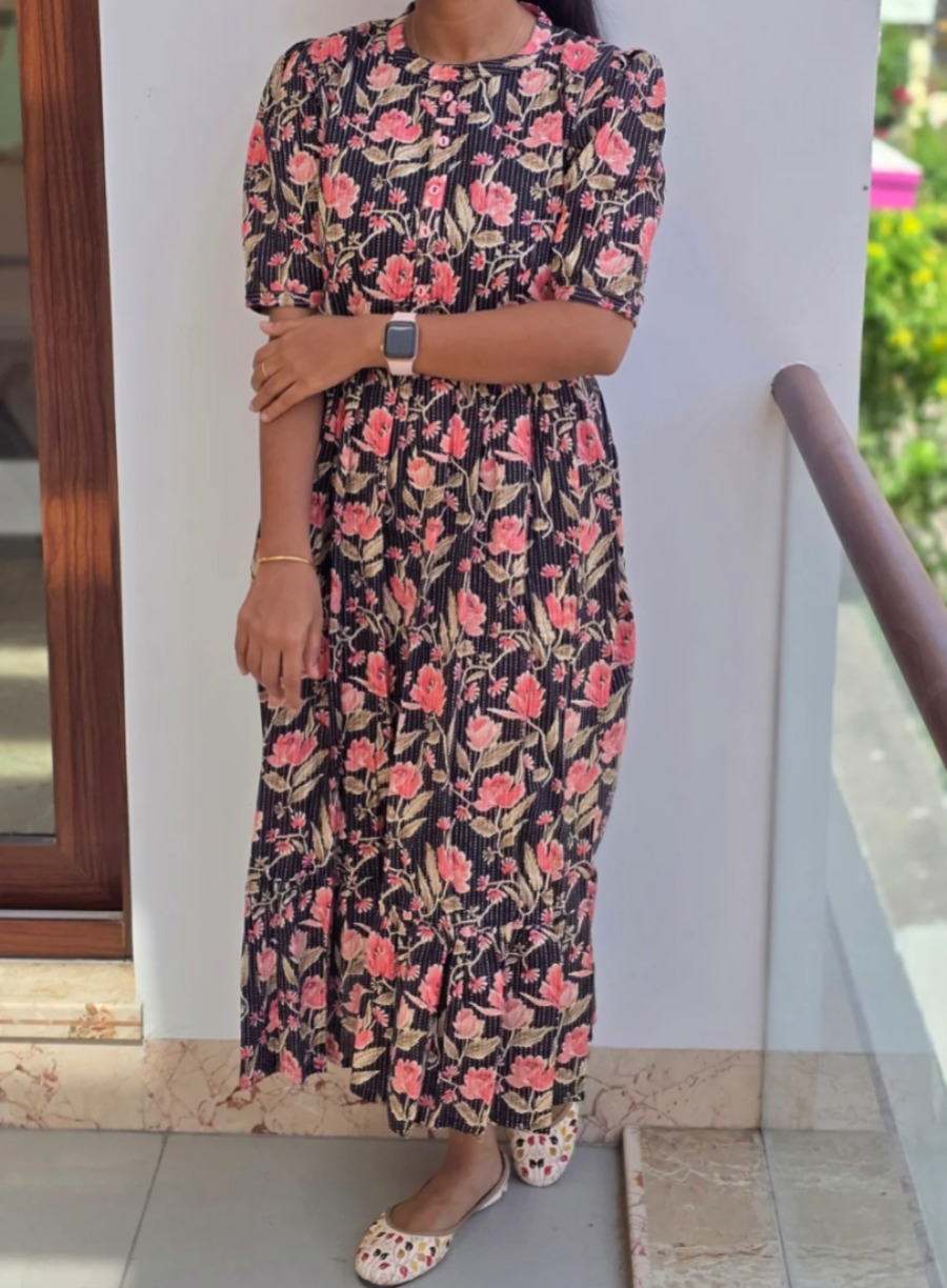 Anbarasi: Western Maxi Dress in Jaipur Cotton with Kantha Work and Puff Sleeves - Half Lined, S to XXL