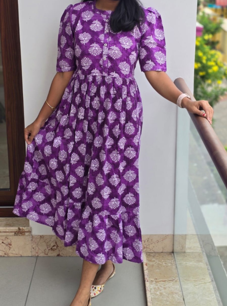 Anbarasi: Jaipur Cotton Western Maxi with Puff Sleeves, Kantha Work & Pocket – Available in S to XXL