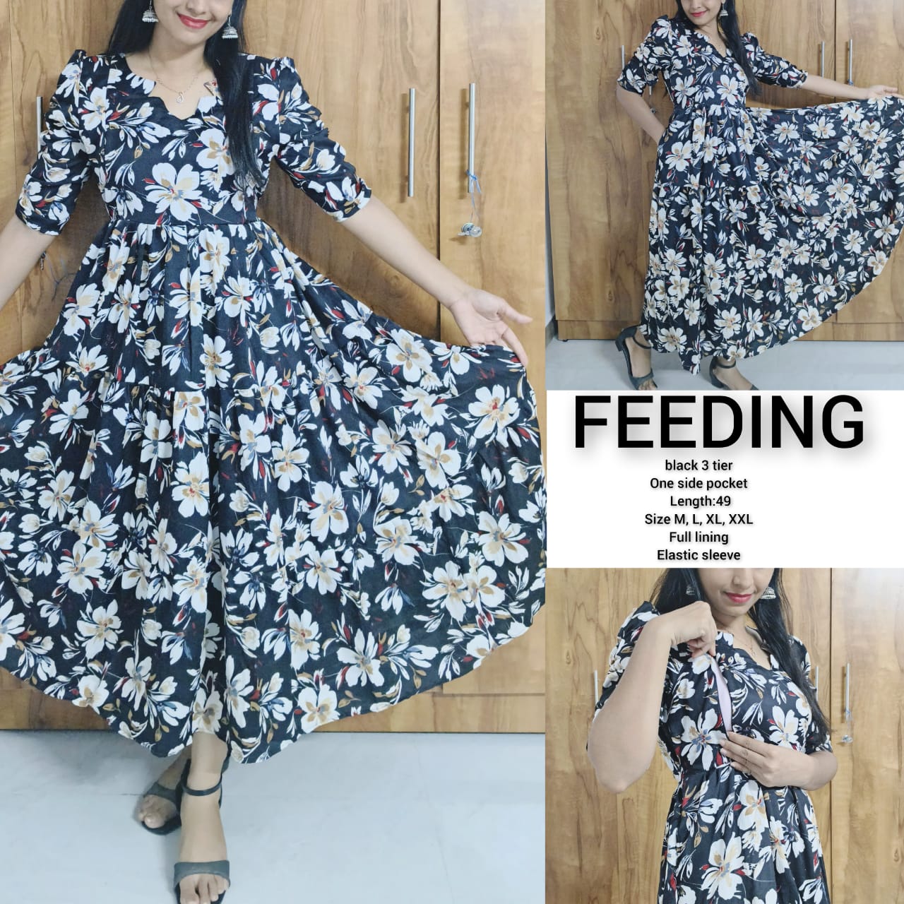 Anbarasi: Flared 3-Tier Feeding Gown with Side Pockets & Lining | Aarral Exclusive