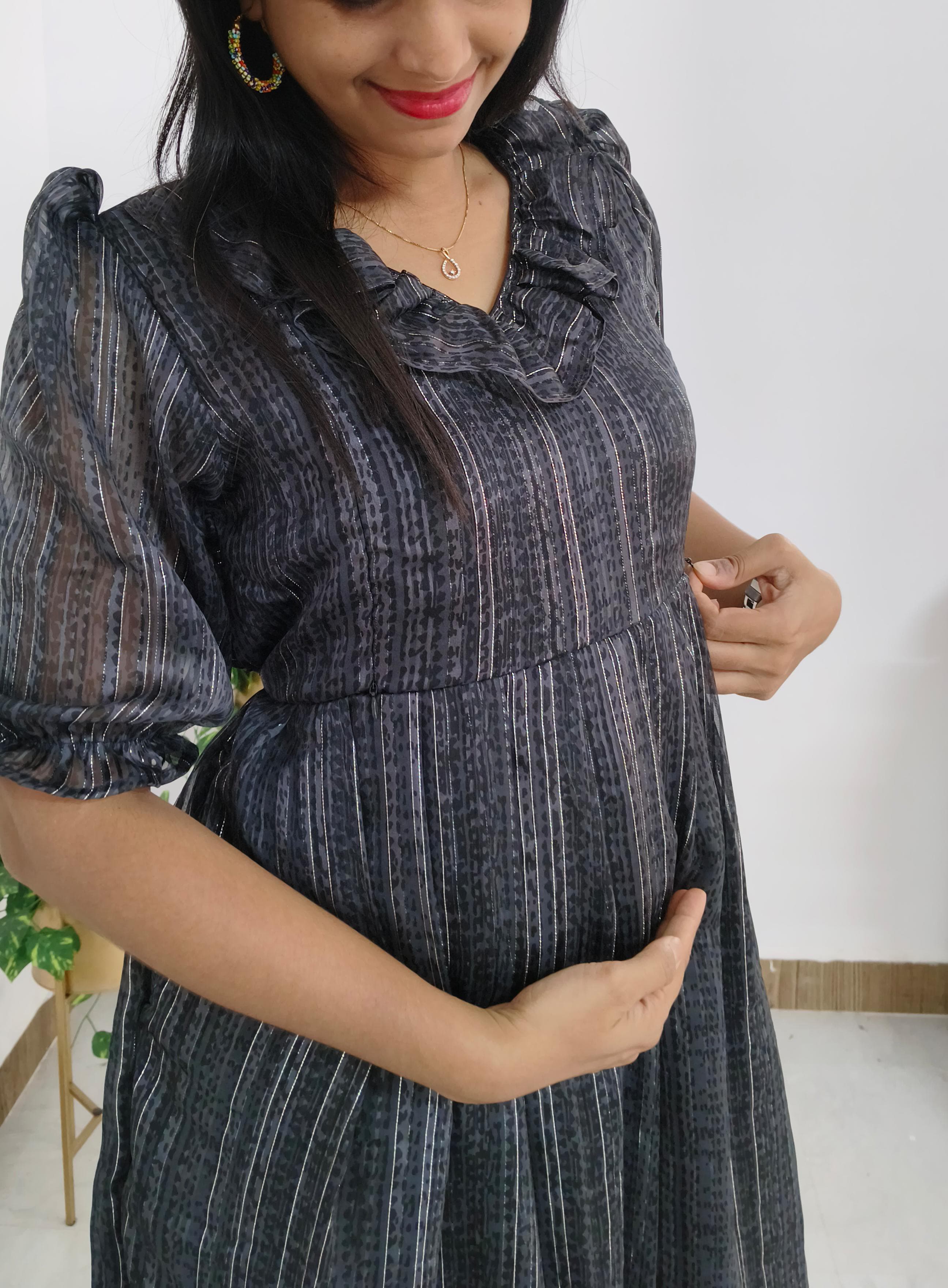 Anbarasi:  Feeding & Non-Feeding Maternity Dress, Metallic Black Georgette with Invisible Zips, Elbow Puff Sleeves, Pockets & Back Tie Knot, Sizes S-3XL