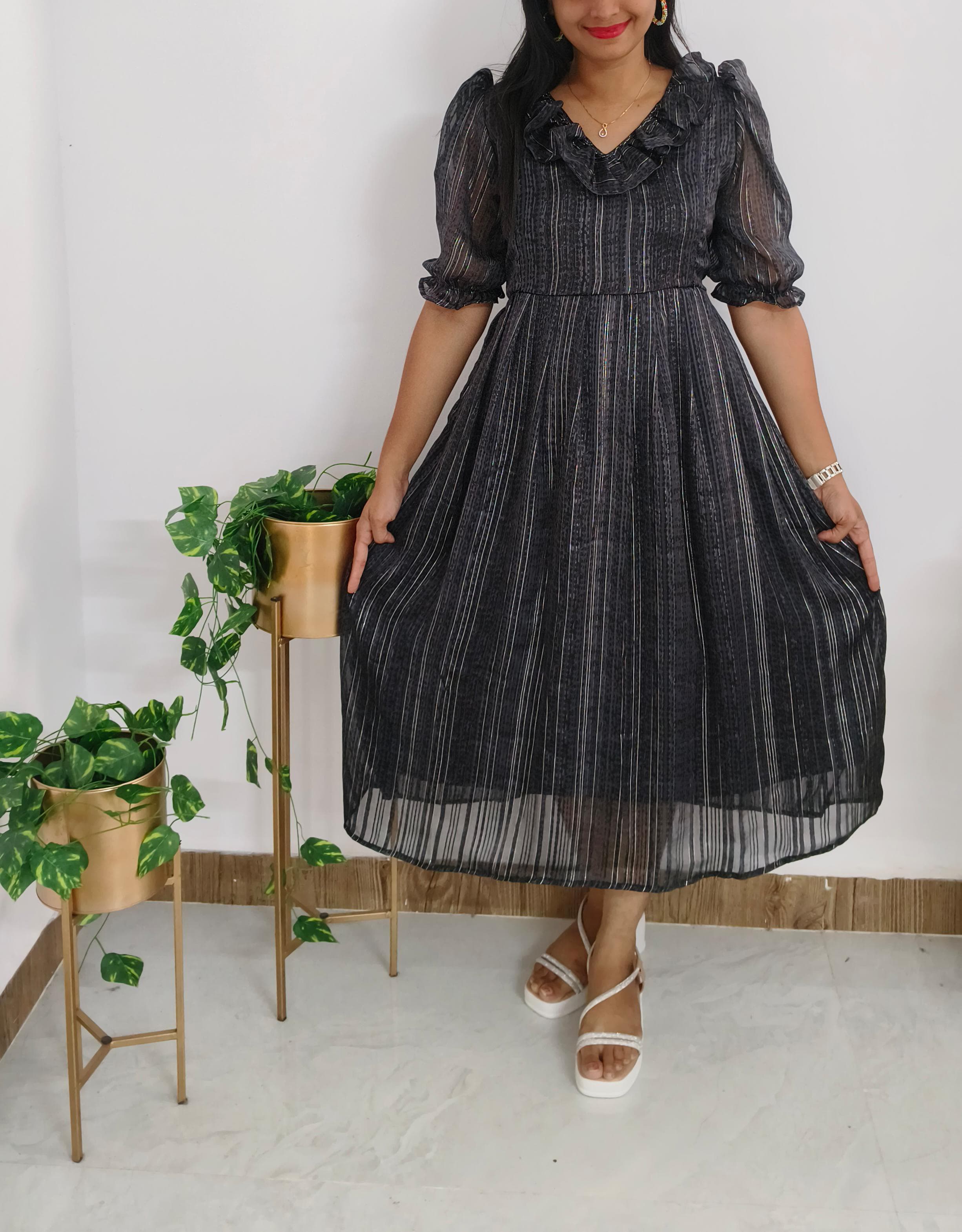 Anbarasi:  Feeding & Non-Feeding Maternity Dress, Metallic Black Georgette with Invisible Zips, Elbow Puff Sleeves, Pockets & Back Tie Knot, Sizes S-3XL