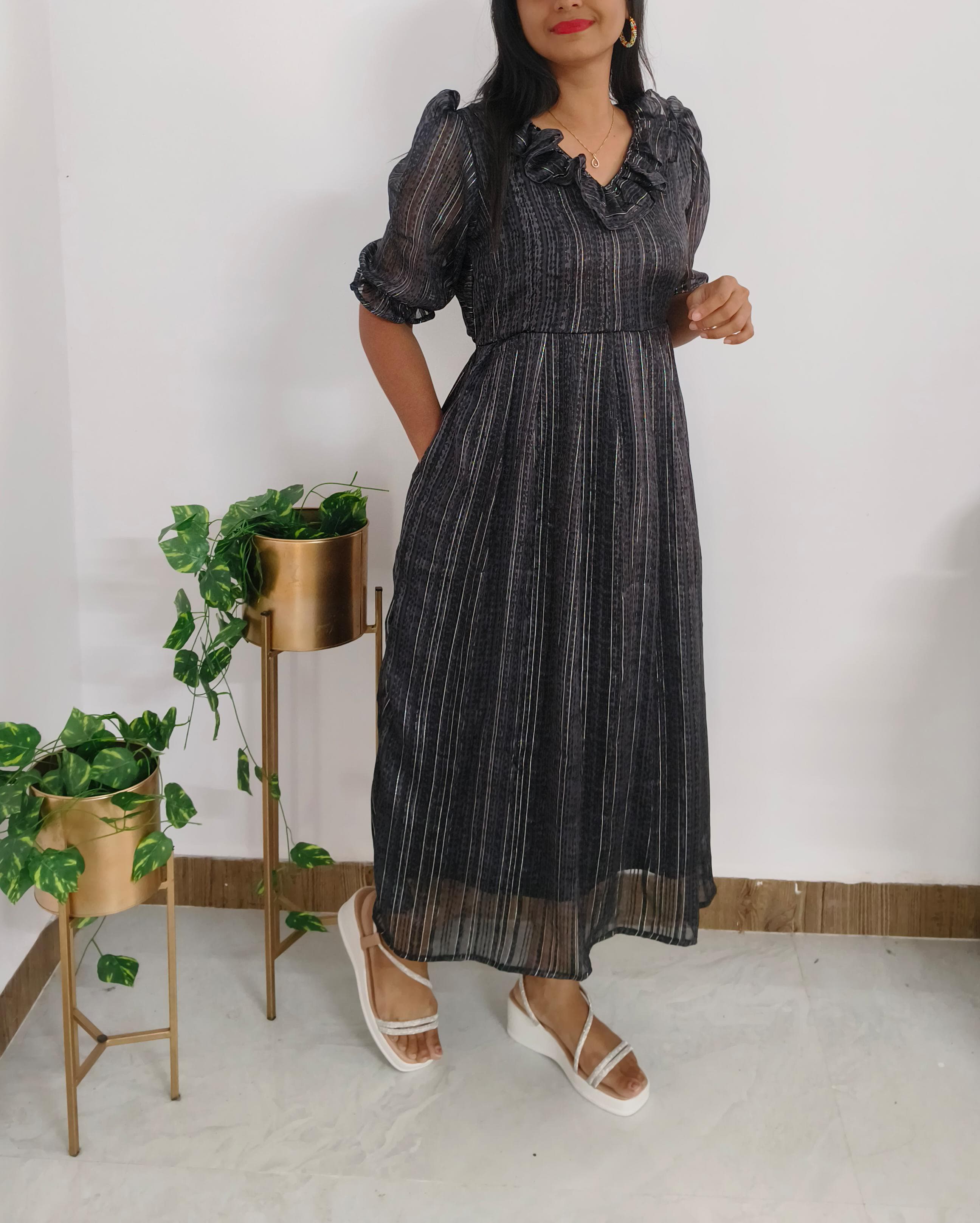 Anbarasi:  Feeding & Non-Feeding Maternity Dress, Metallic Black Georgette with Invisible Zips, Elbow Puff Sleeves, Pockets & Back Tie Knot, Sizes S-3XL