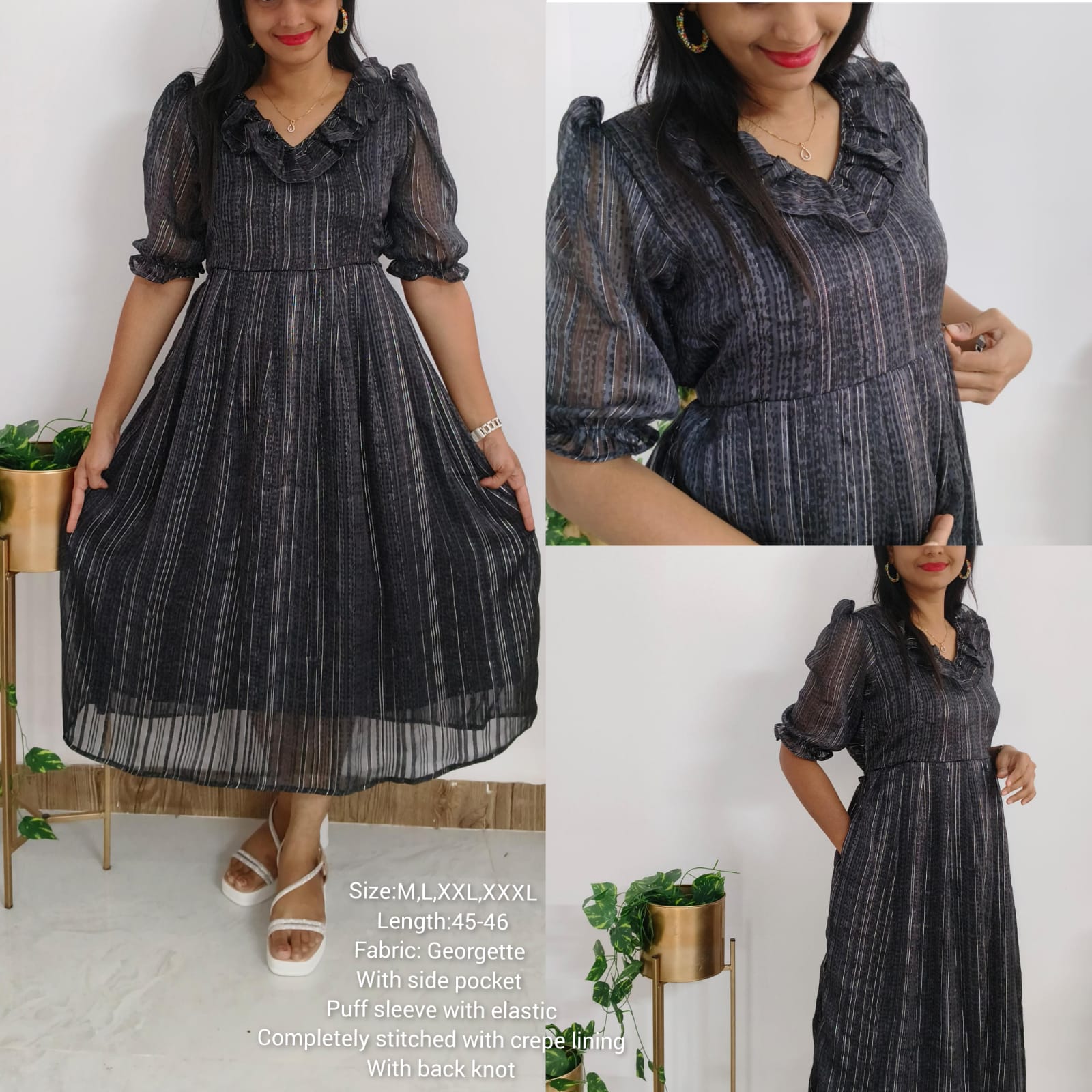 Anbarasi:  Feeding & Non-Feeding Maternity Dress, Metallic Black Georgette with Invisible Zips, Elbow Puff Sleeves, Pockets & Back Tie Knot, Sizes S-3XL