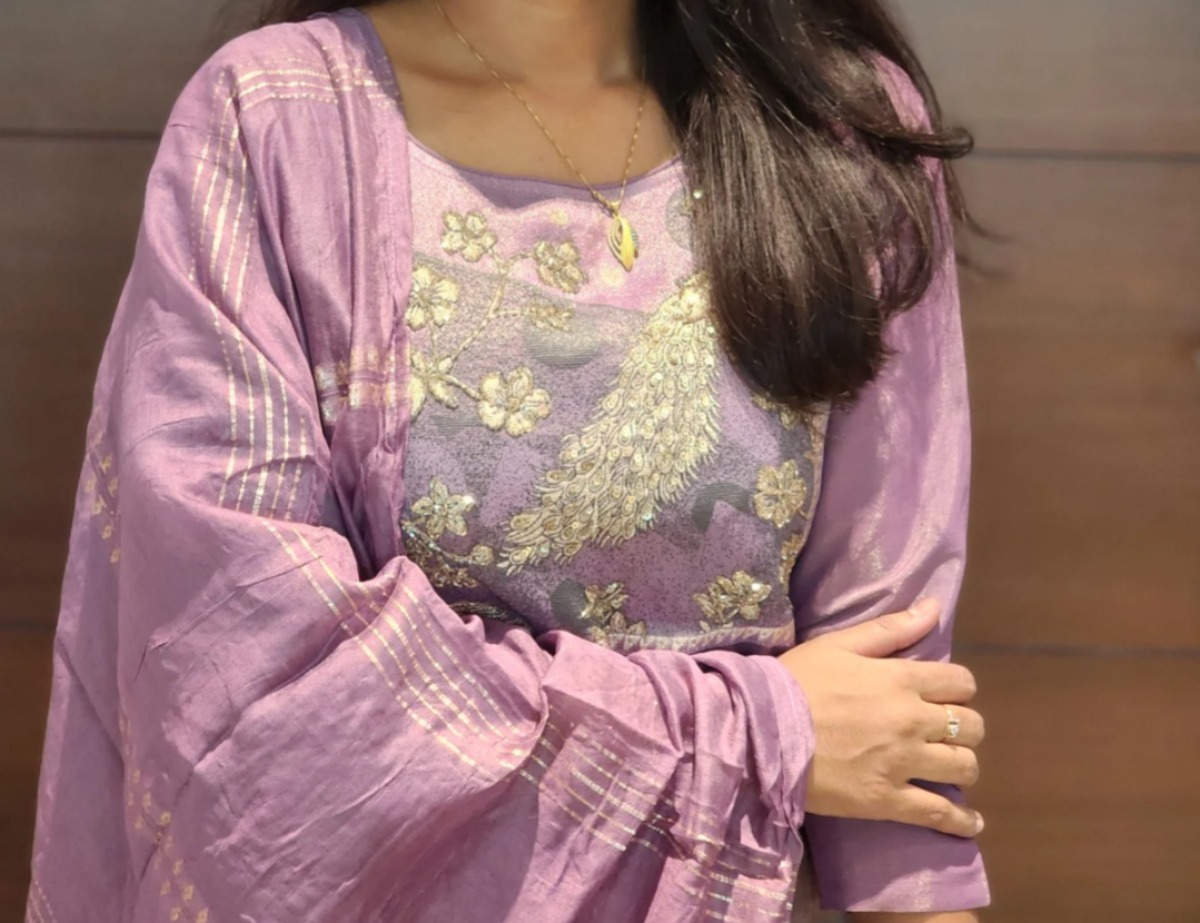 Anbarasi: Aarral Roman Silk Salwar Set with Lining | Kurti, Pant & Dupatta