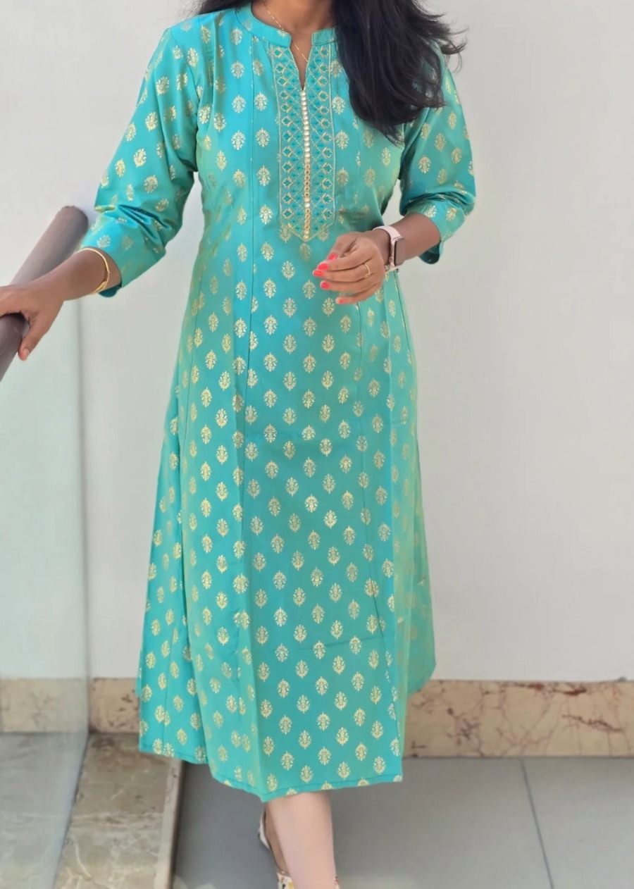 Anbarasi: Silk Cotton Embroidered A-Line Kurti, 44 Inches Height - 3/4 Sleeves, Available in S to XXL
