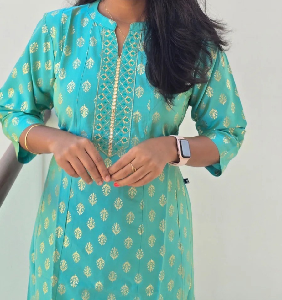 Anbarasi: Silk Cotton Embroidered A-Line Kurti, 44 Inches Height - 3/4 Sleeves, Available in S to XXL
