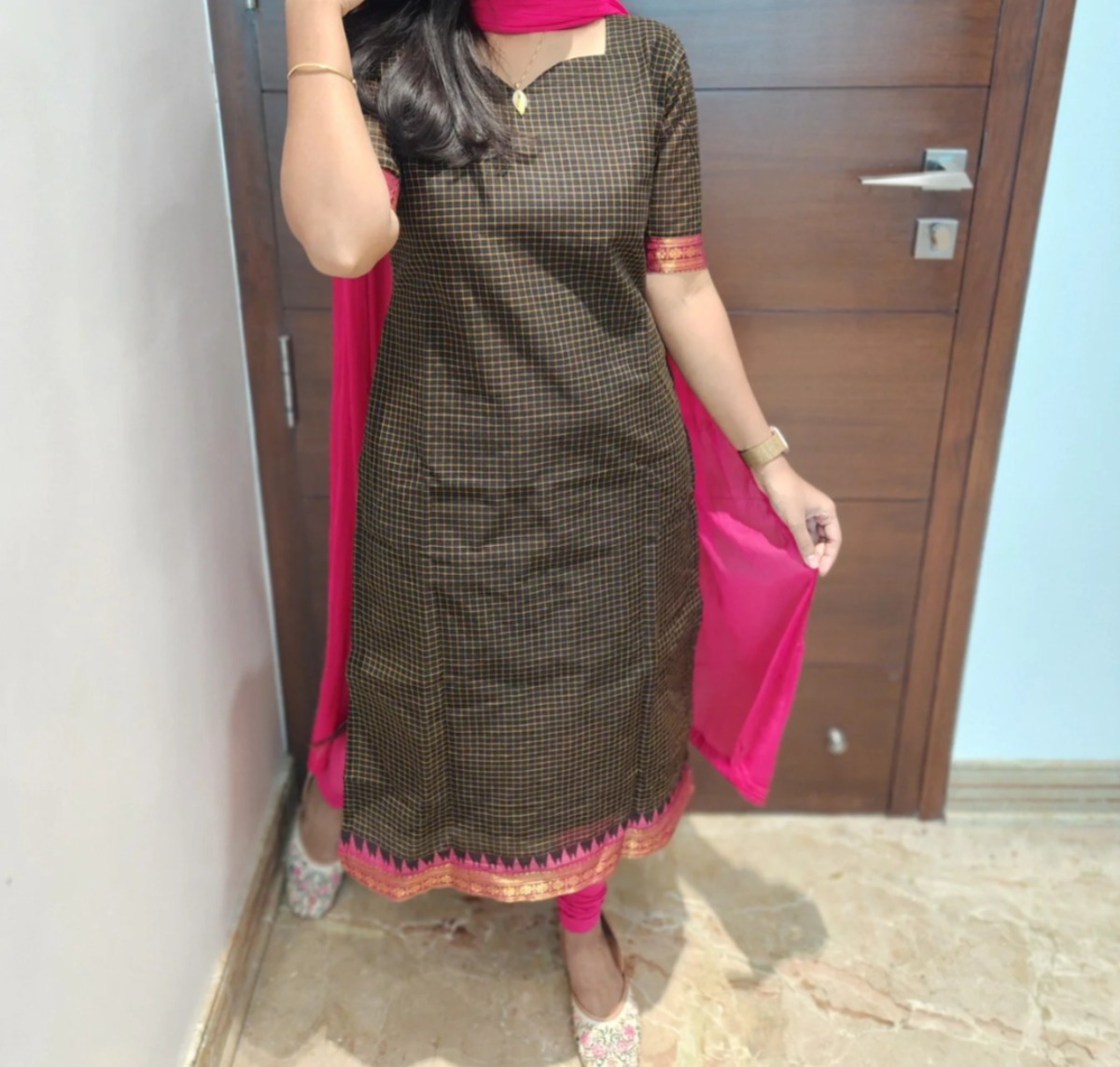 Anbarasi: Chetinad Cotton Kurti - Straight Cut, 3/4 Sleeve, Indian Handloom