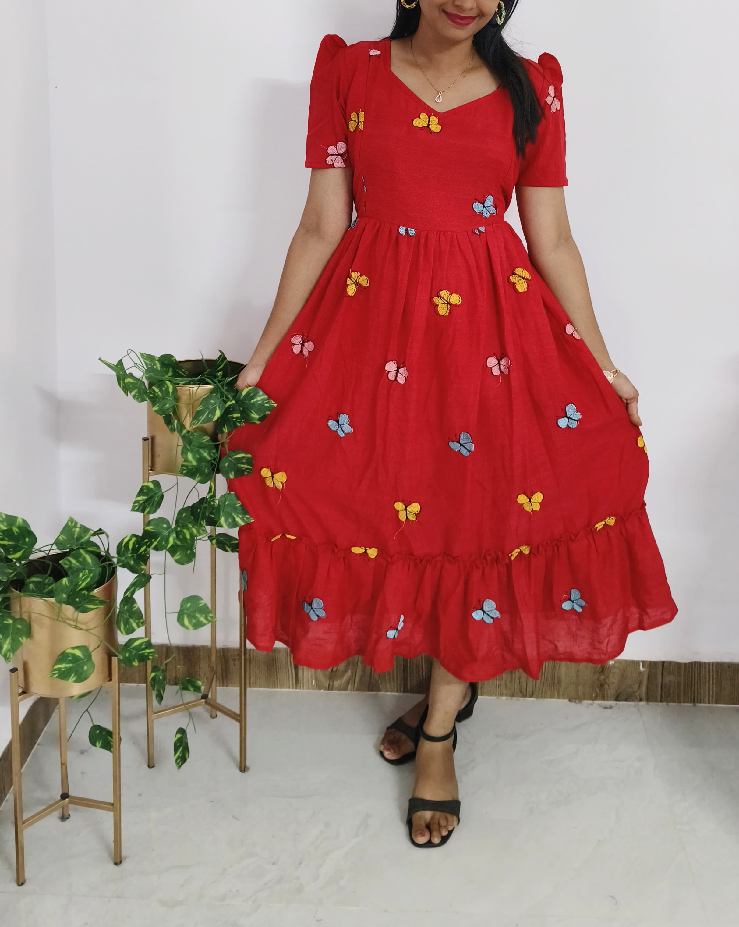 Anbarasi: Maternity-Friendly Butterfly Embroidery Dress - Pure Cotton with Pockets & Invisible Side Zips, Feeding & Non-Feeding with Pockets, Sizes S to XXL