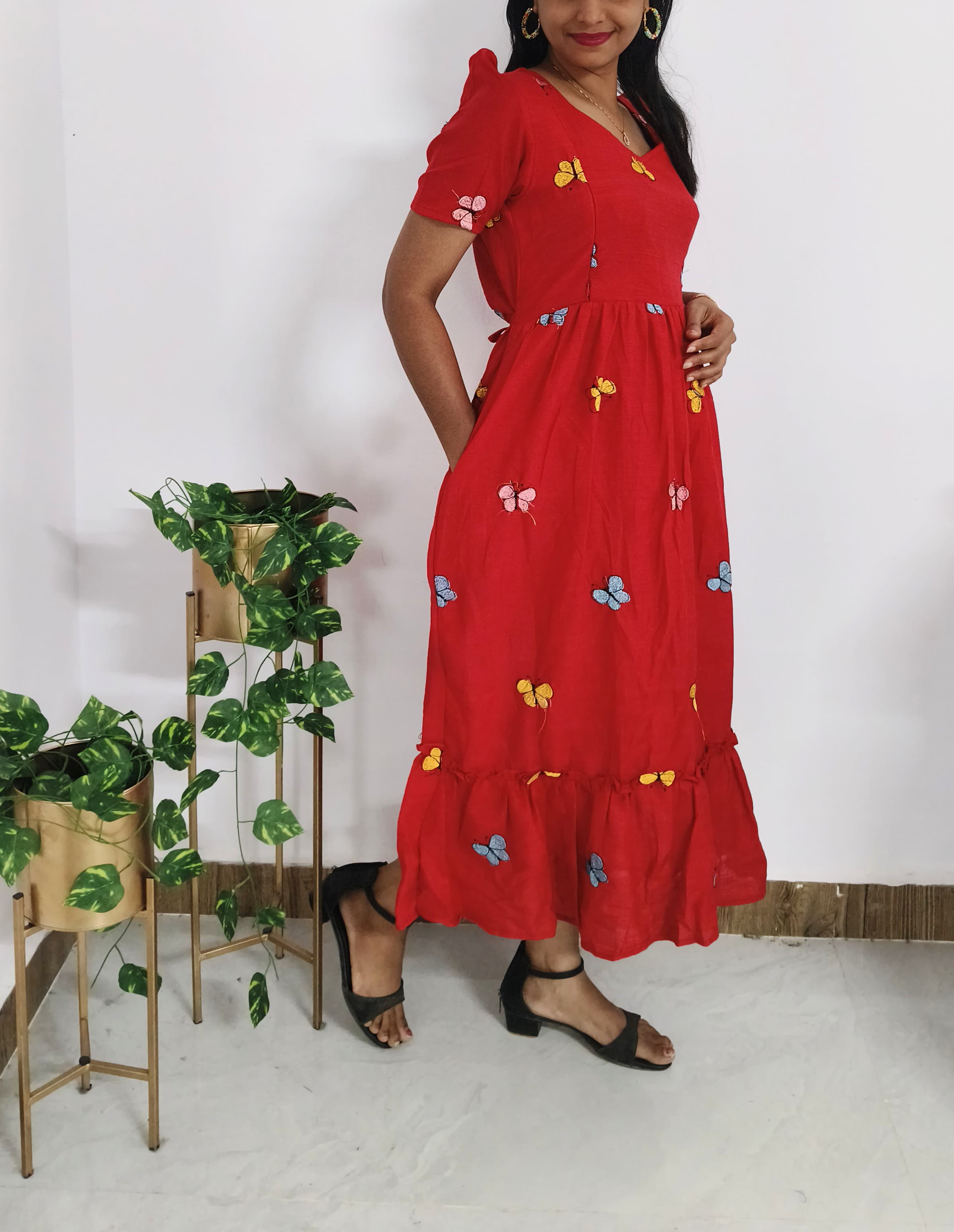 Anbarasi: Maternity-Friendly Butterfly Embroidery Dress - Pure Cotton with Pockets & Invisible Side Zips, Feeding & Non-Feeding with Pockets, Sizes S to XXL