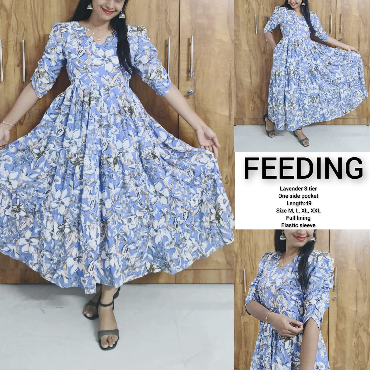 Anbarasi: Flared gown 3 tier with side pocket & lining 