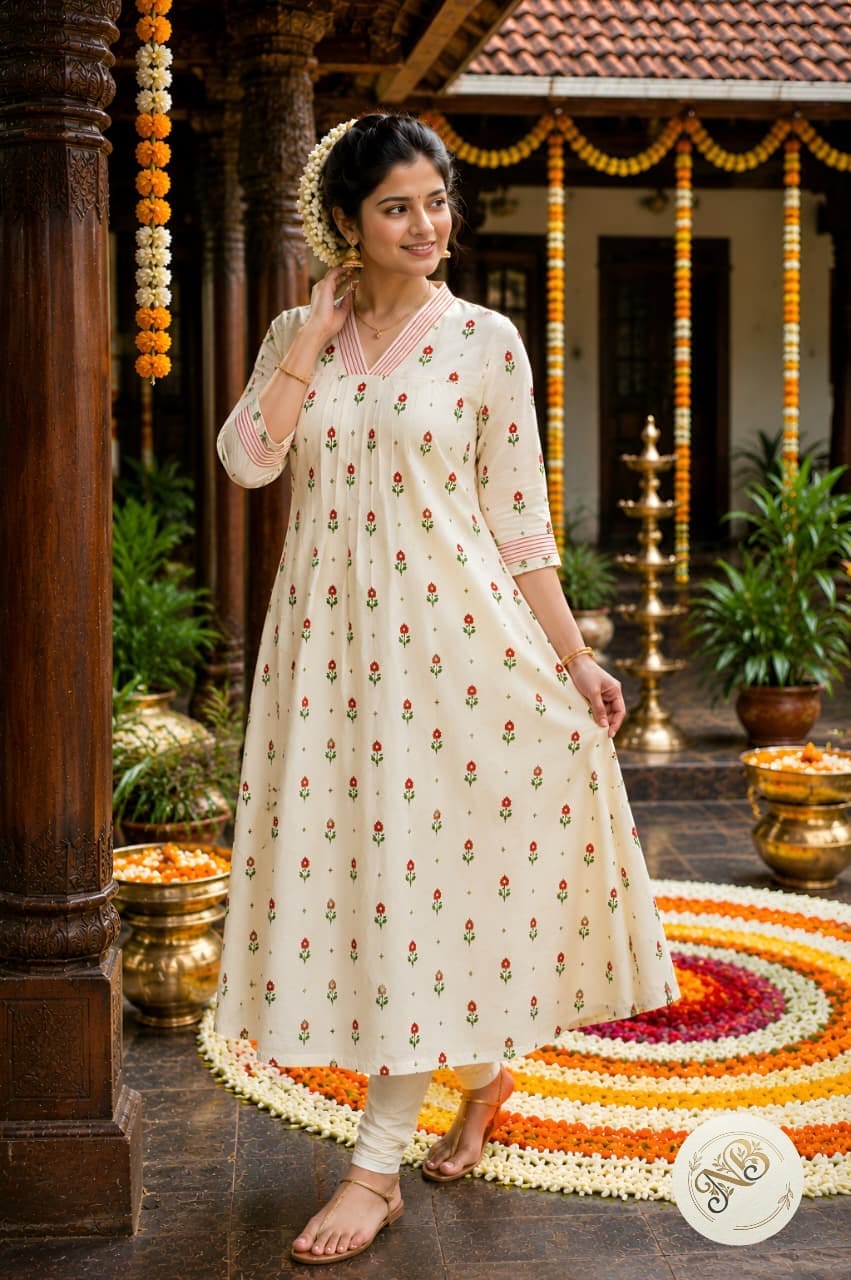 Anbarasi: Tissue A line kurti embroidery work with lining