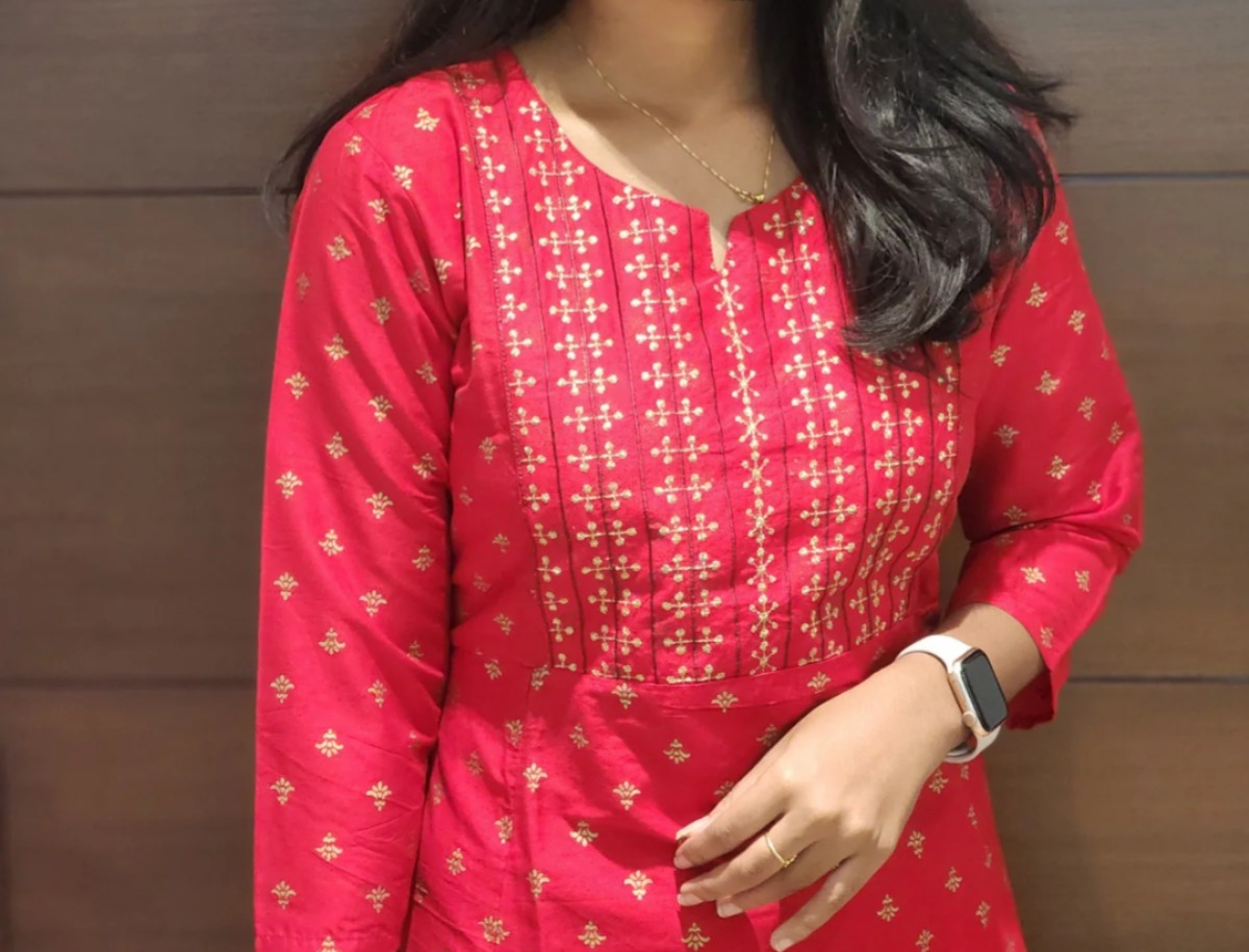 Anbarasi: Silk cotton A line kurti Embroidery 