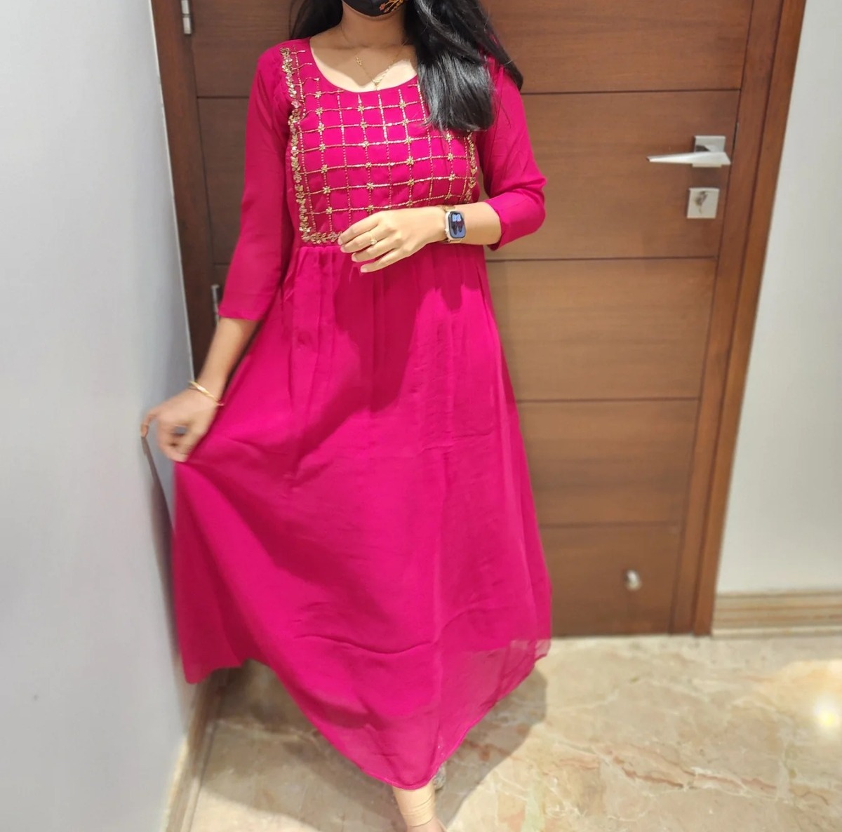 Flowy Georgette A-Line Kurti with Crepe Lining – Elegant Ethnic Wear