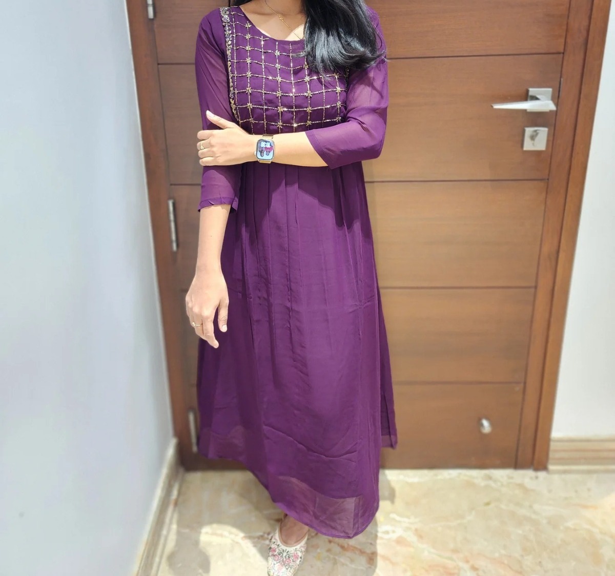 Elegant Georgette A-Line Kurti with Crepe Lining – S to XXL Sizes