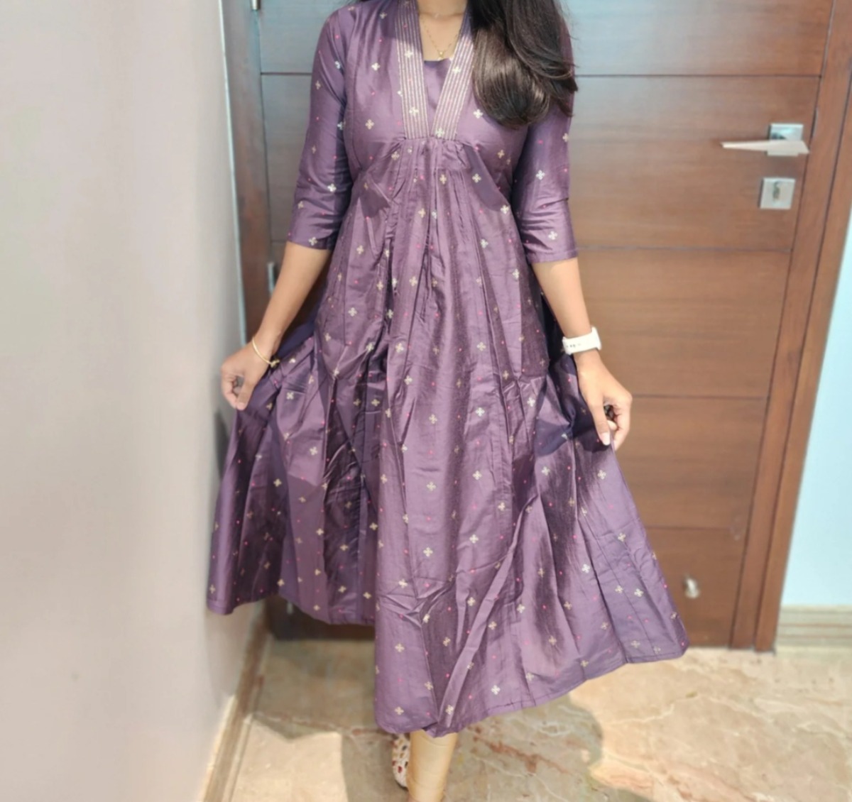 Anbarasi: Rayon A line, V neck with pocket
