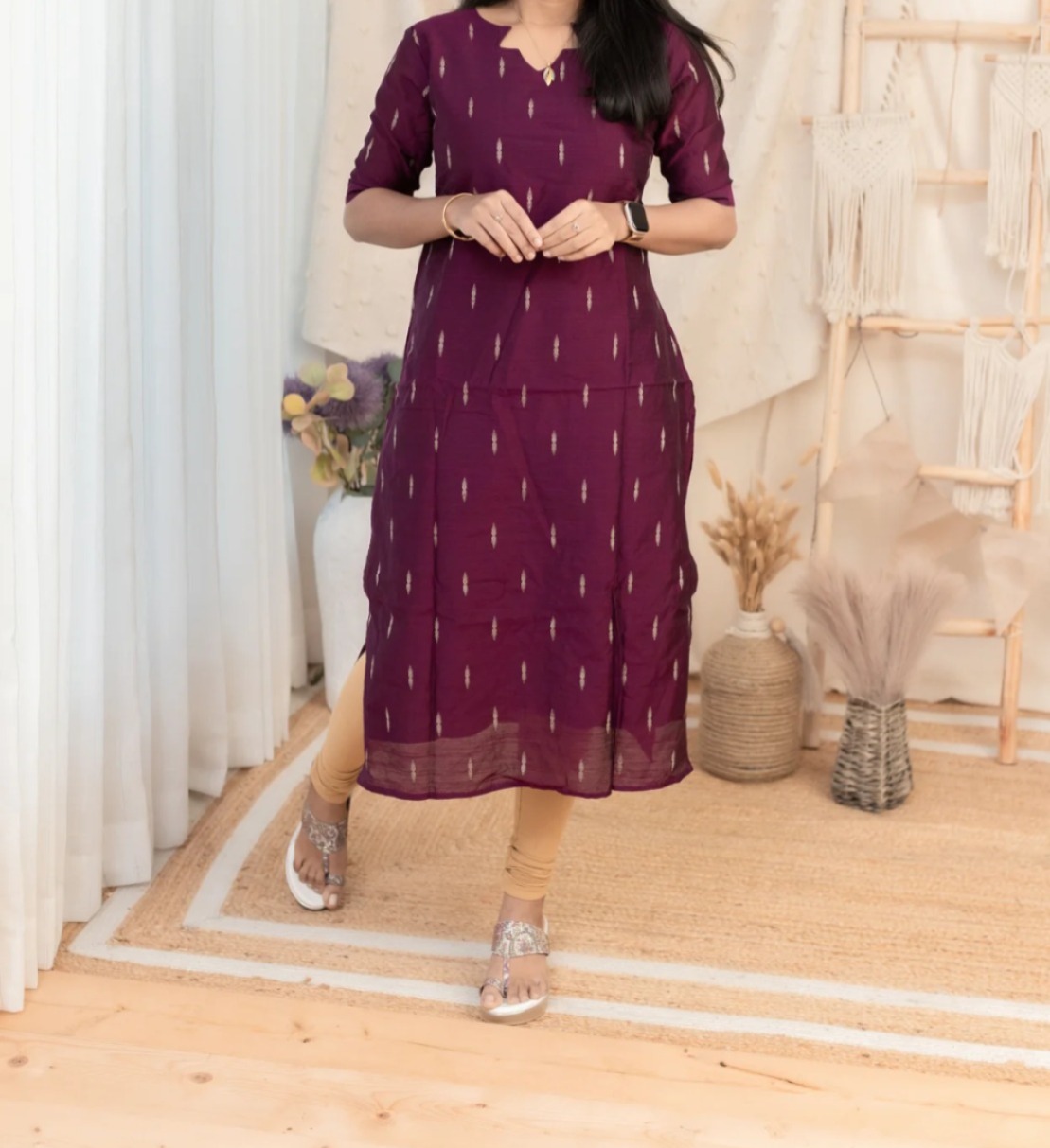Silk cotton straight cut kurti with side pocket
