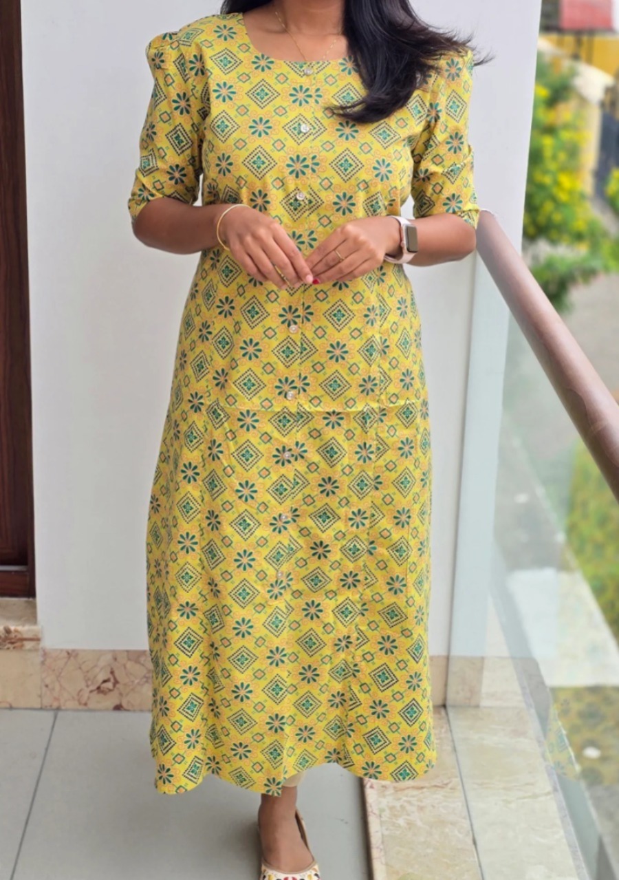 Anbarasi: A-Line Jaipur Cotton Dress with Puff Sleeves & Double Side Pockets – 45-Inch Length, Available in S to XXL