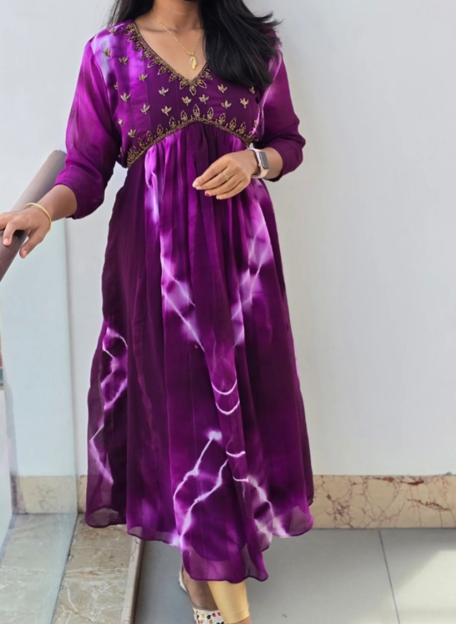 Aliya Cut Shibori Kurti with Heavy Handwork | 3/4 Sleeves, 46 Inch Length | Sizes S to XXL