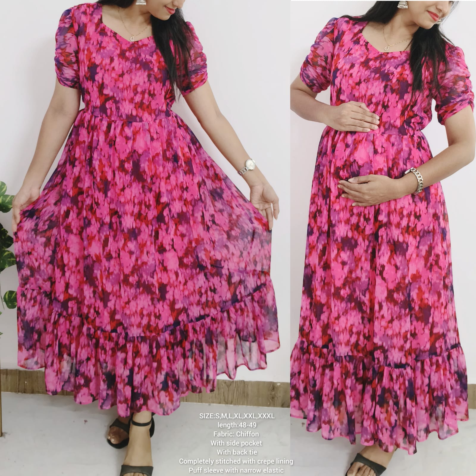 Anbarasi: Aarral Chiffon Flared Feeding Gown – Stylish Nursing Dress with Pockets