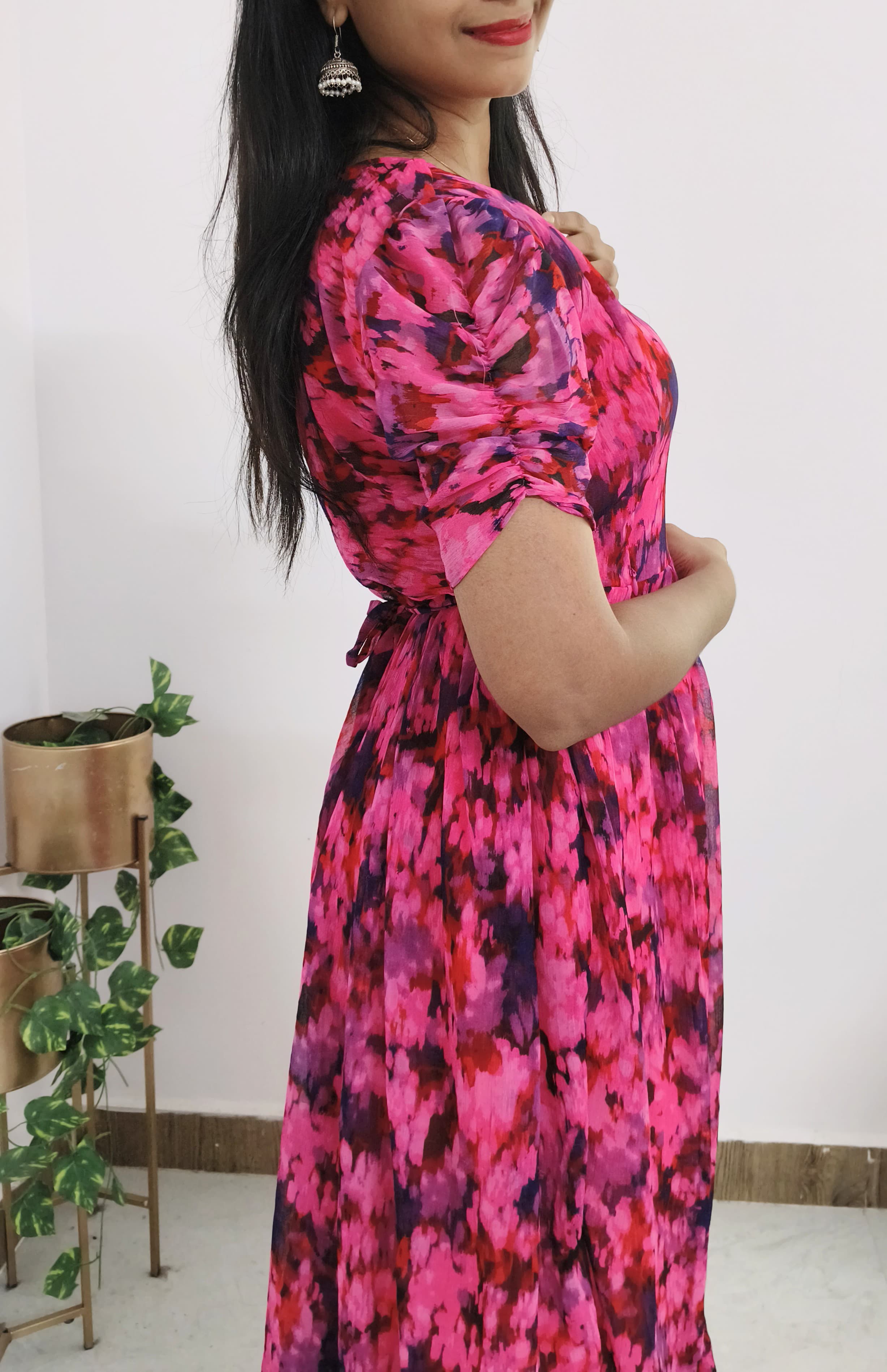 Anbarasi: Aarral Chiffon Flared Feeding Gown – Stylish Nursing Dress with Pockets
