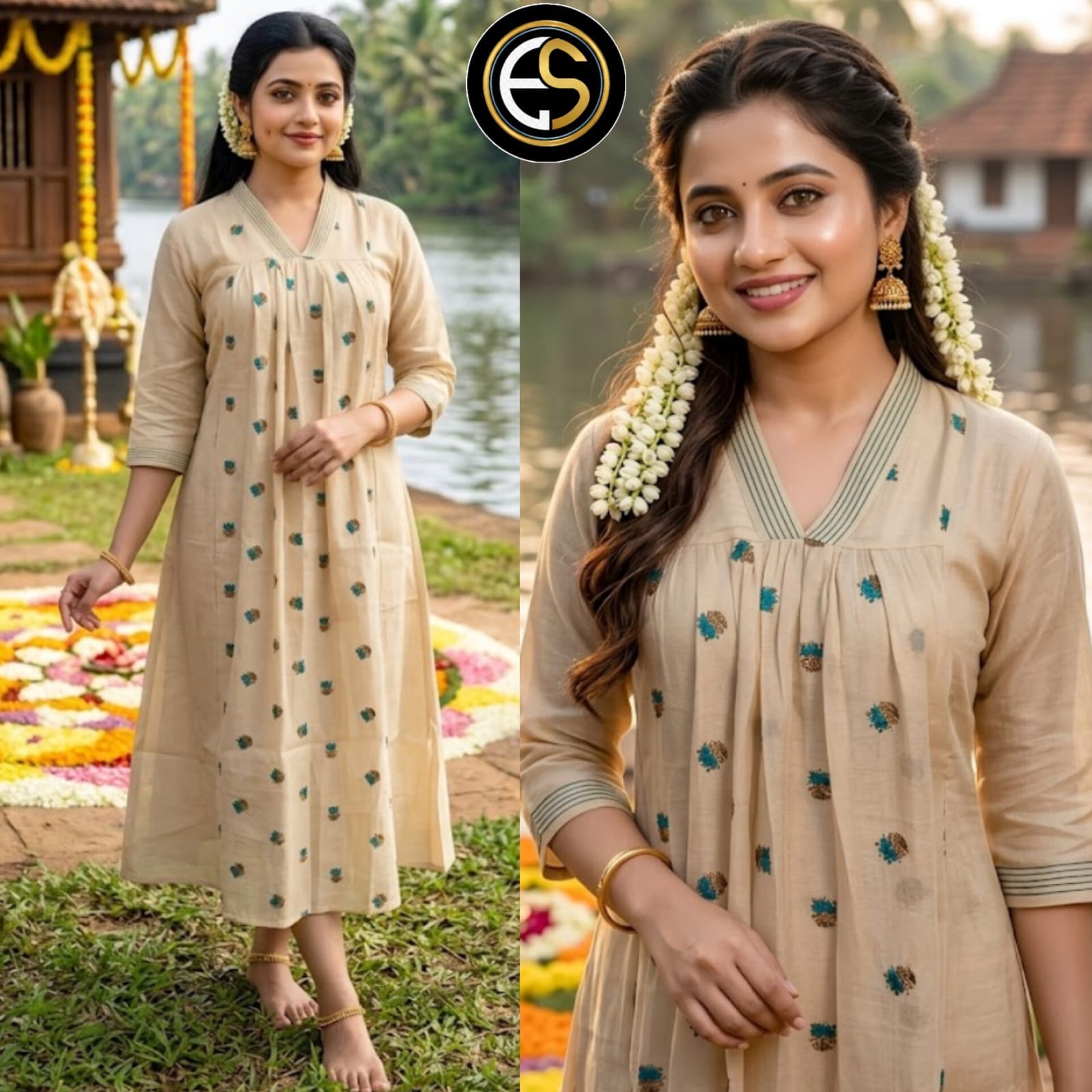 Premium Kerala Tissue Fabric A-Line Kurti with Thread & Bead Work