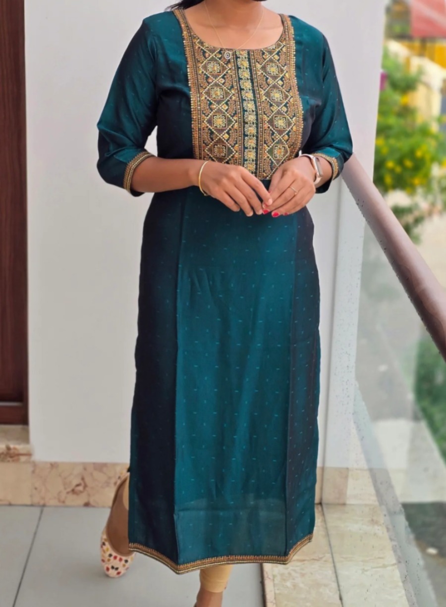 Anbarasi: Muslin Straight Cut Kurti | Heavy Work Design | Full Lining | Available in Sizes S to XXL | 44 Inches Long