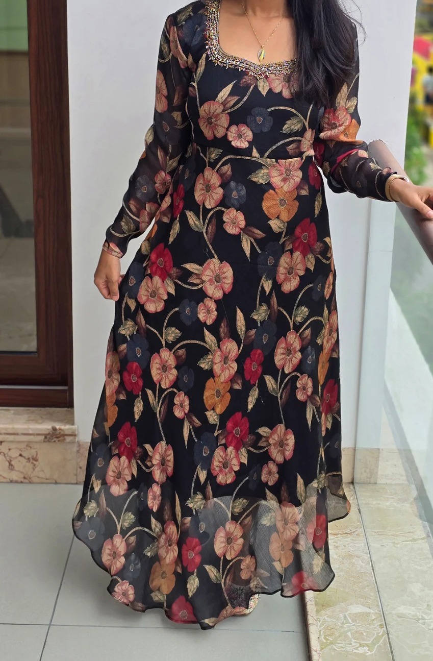 Elegant Georgette A-Line Kurtis with Crepe Lining, Full Sleeve, 45 Inch