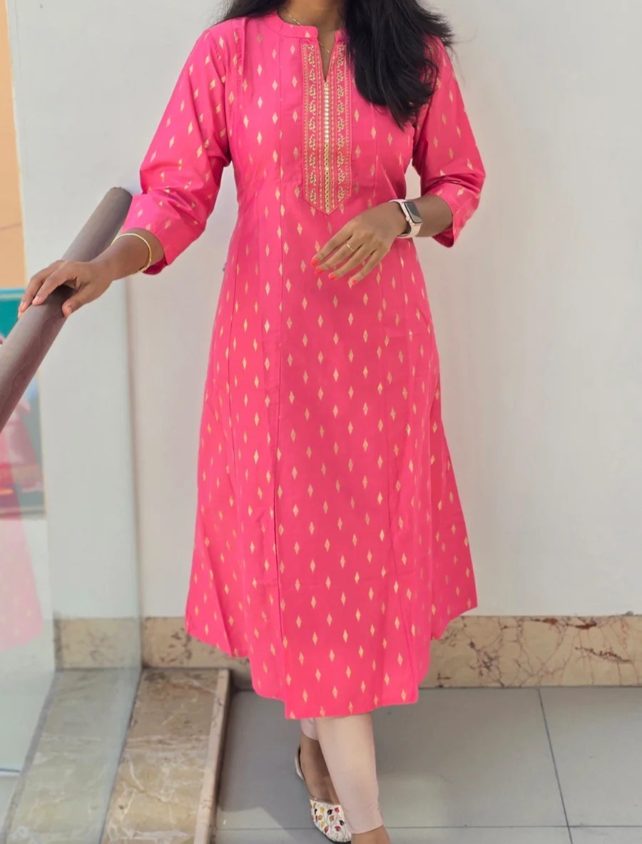 Anbarasi: Silk Cotton Embroidered A-Line Kurti, 44 Inches Height - 3/4 Sleeves, Available in S to XXL