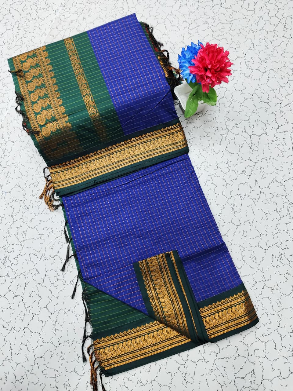 Premium Kalyani Cotton Checked Saree with Grand Jari Pallu