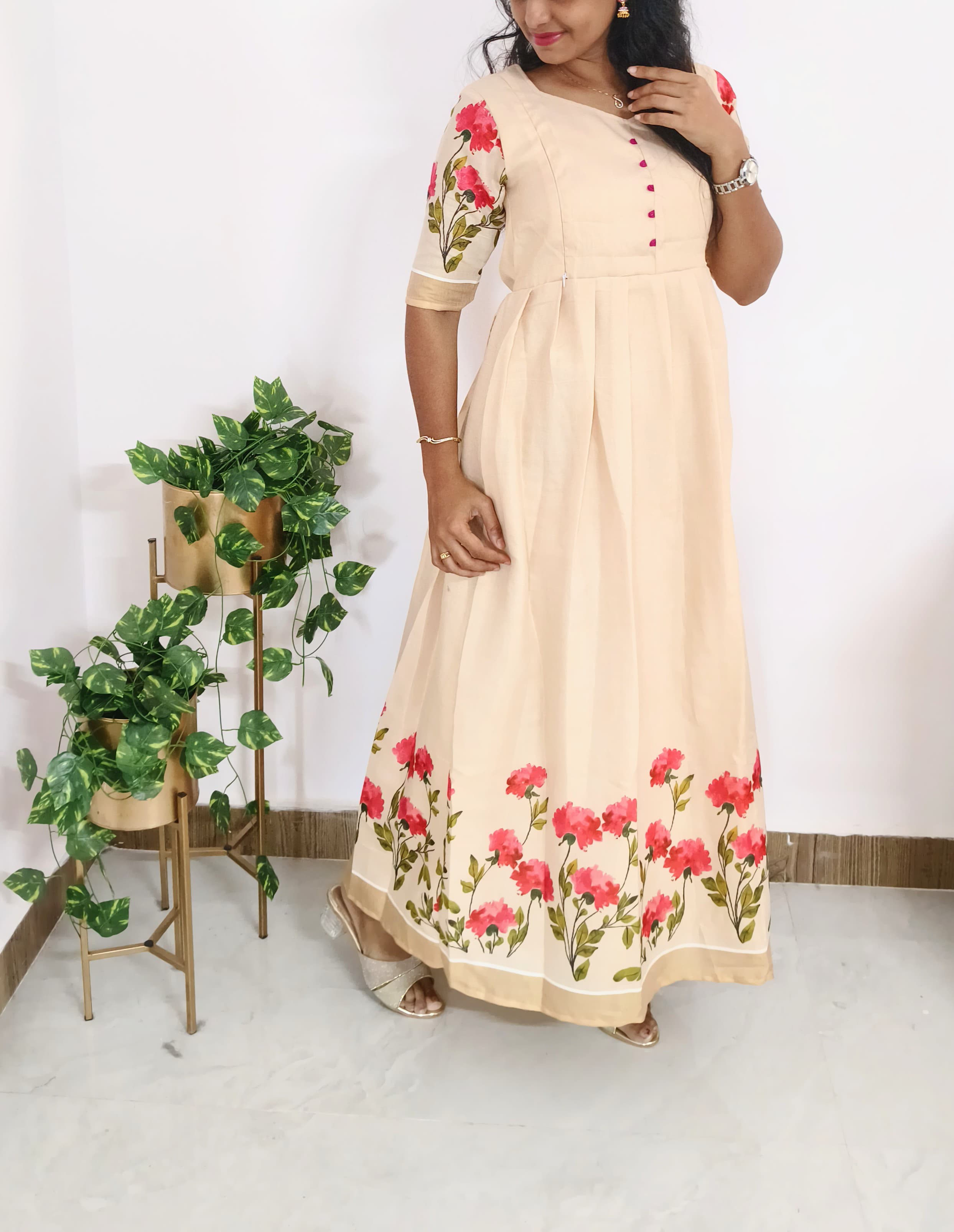 Anbarasi: Onam Special Kerala Cotton Zari Weave Dress - Half White, 52-inch, 2 Side Zips, S to XXL