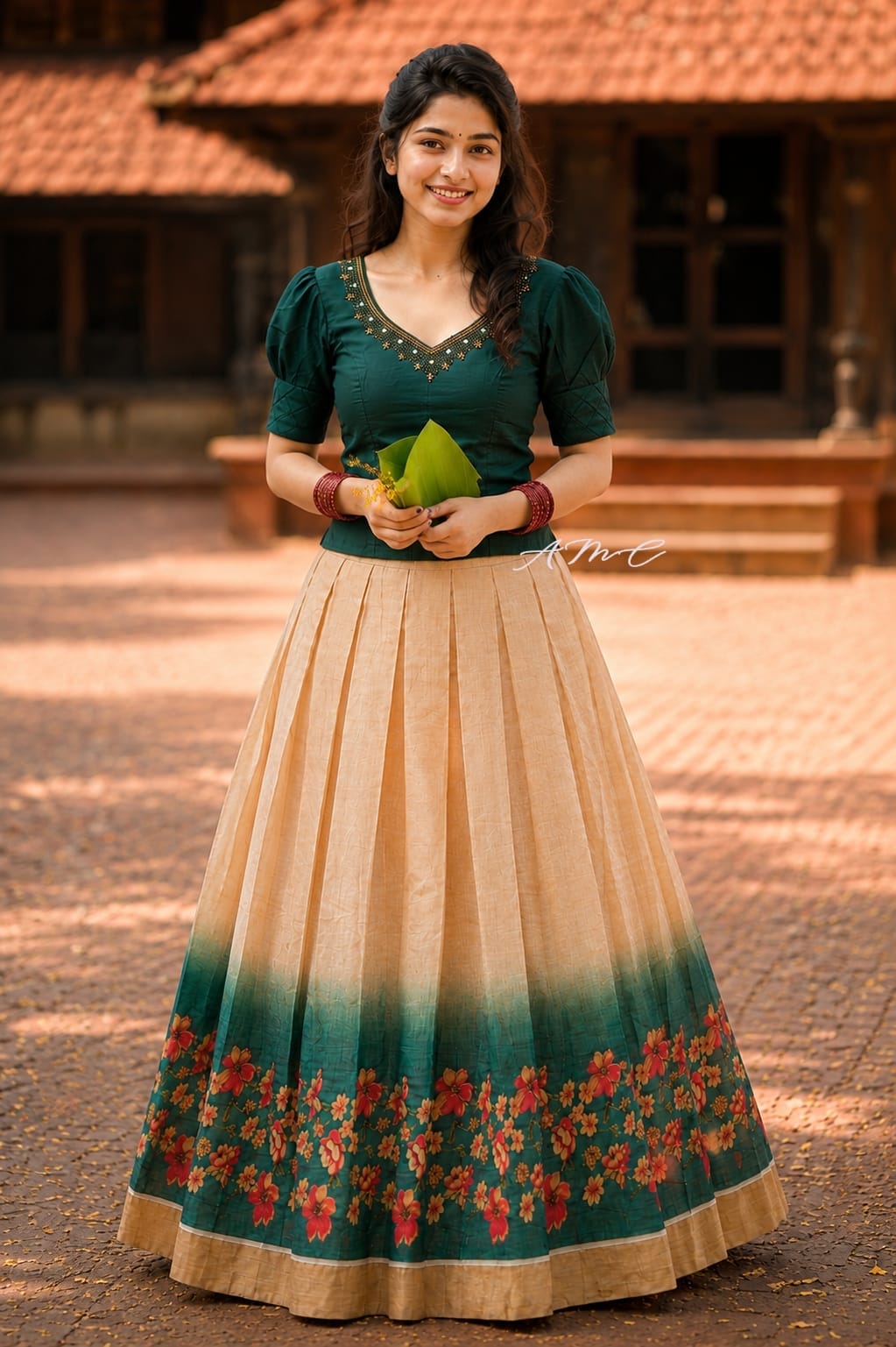 Digital Tissue pavada and slub cotton blouse with lining 