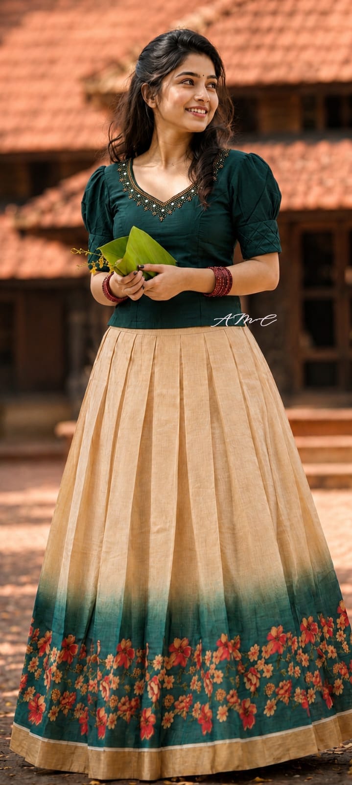 Anbarasi: Digital Tissue pavada and slub cotton blouse with lining 