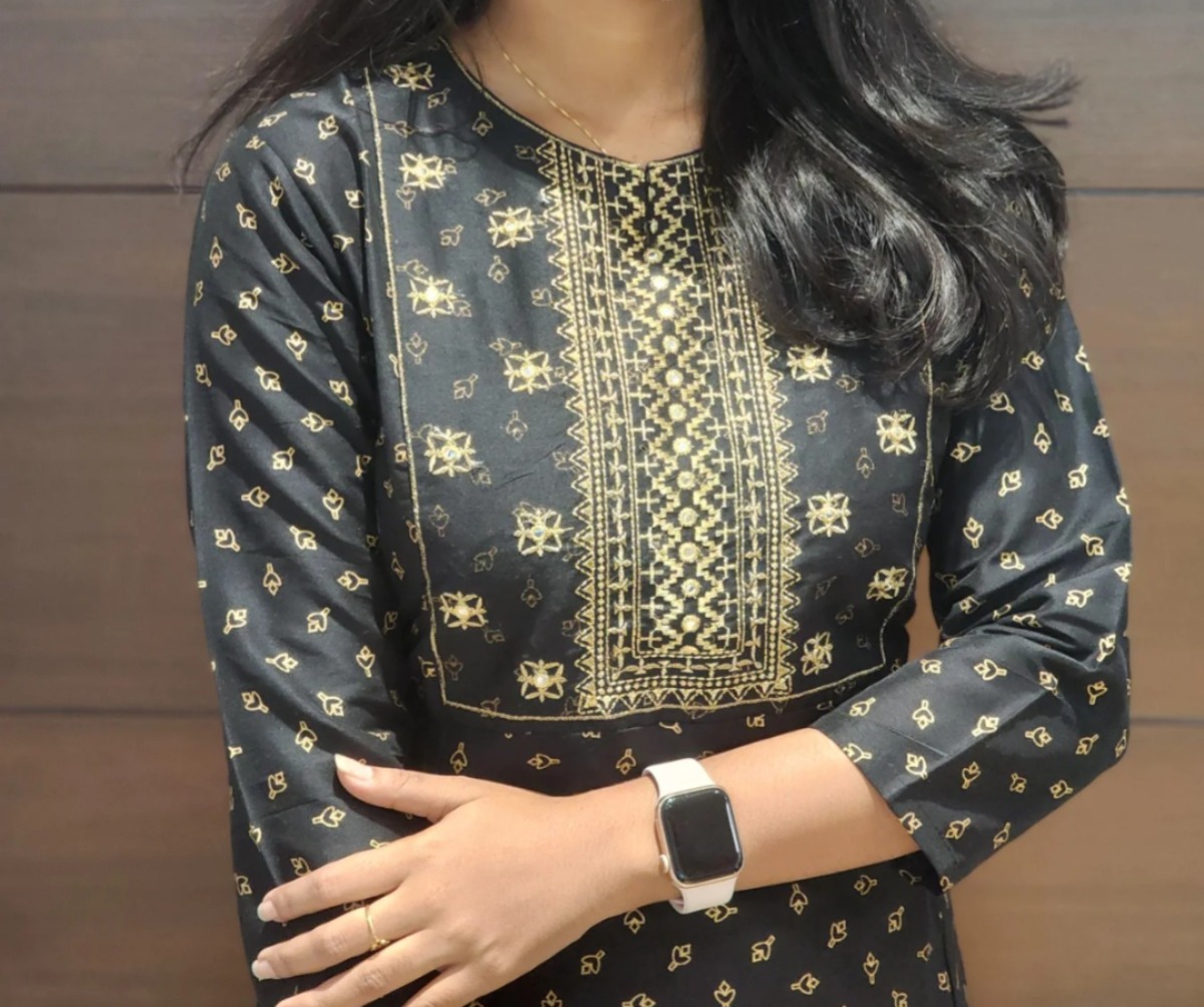 Anbarasi: Silk cotton A line kurti Embroidery 