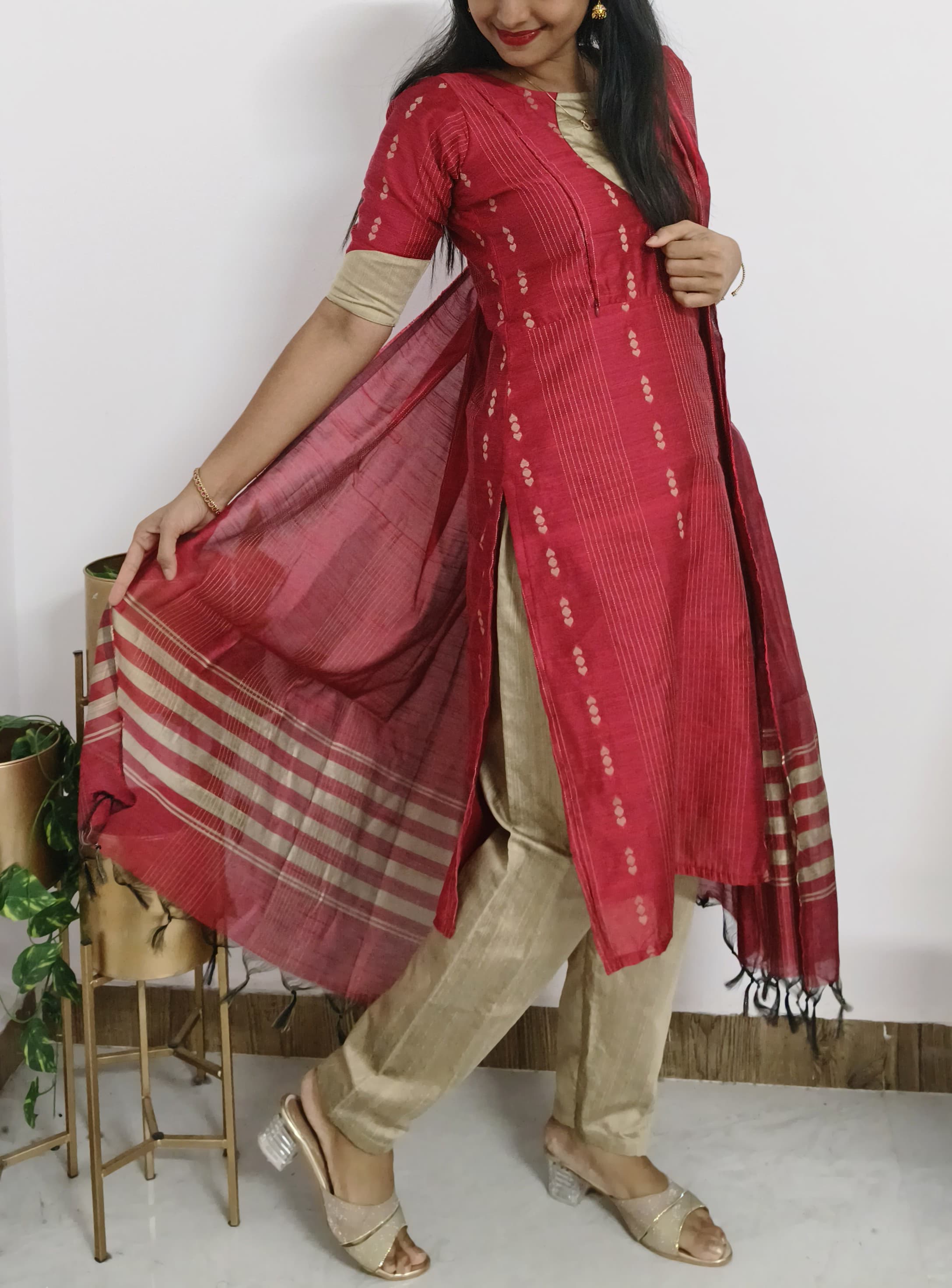 Traditional Semi Silk Maternity & Feeding Dress with Cotton Lining - Red