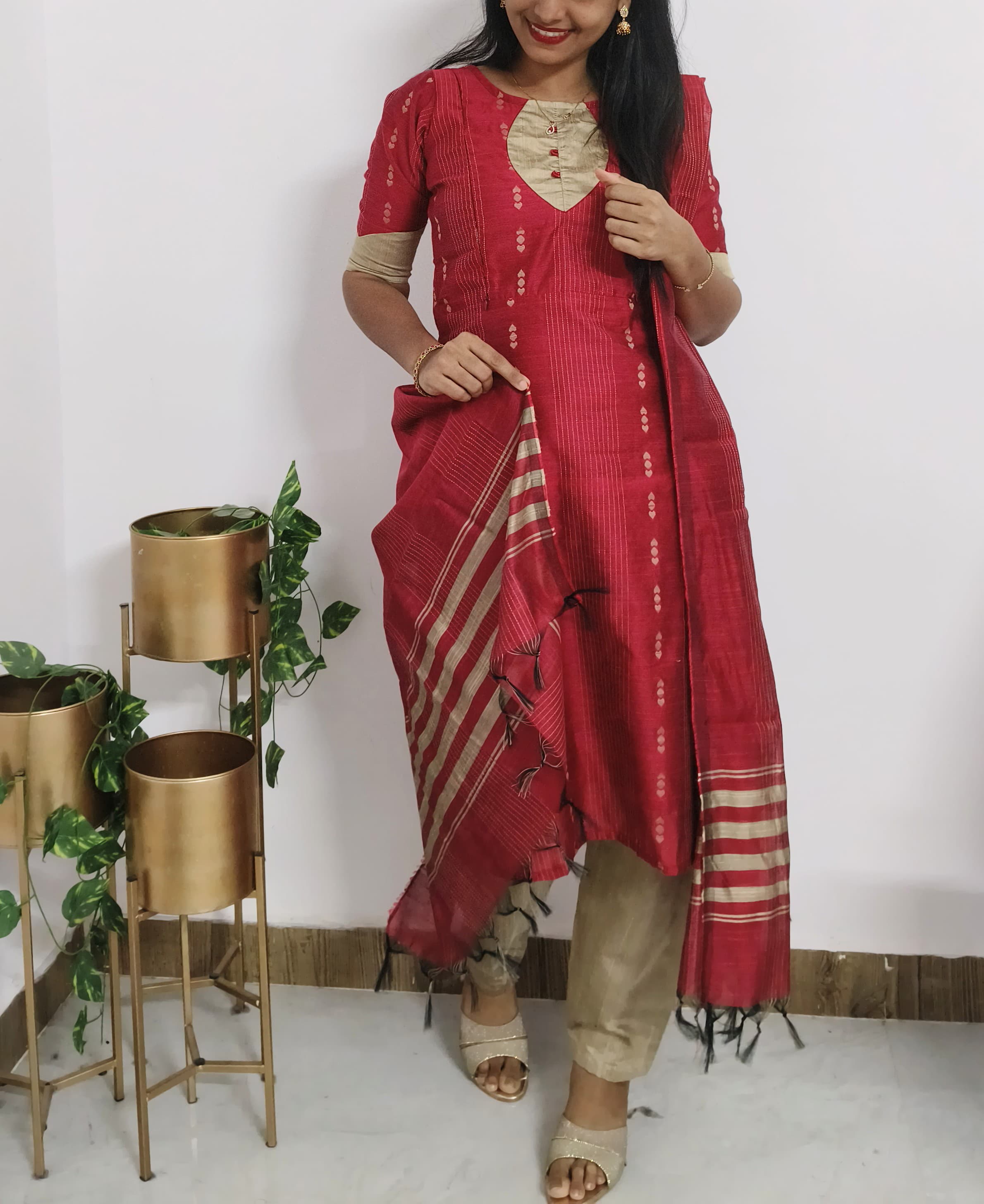 Anbarasi: Traditional Semi Silk Maternity & Feeding Dress with Cotton Lining - Red