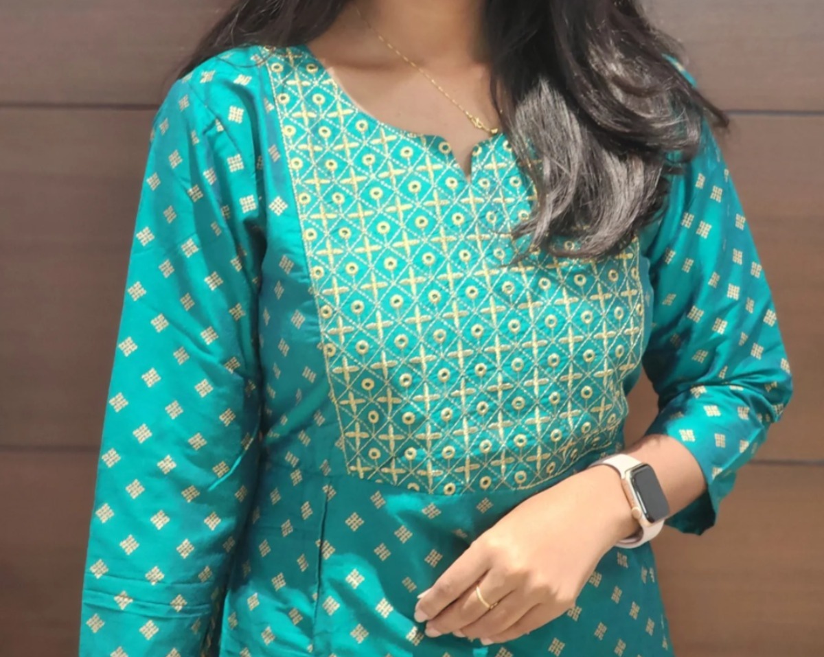 Anbarasi: Silk cotton A line kurti Embroidery 