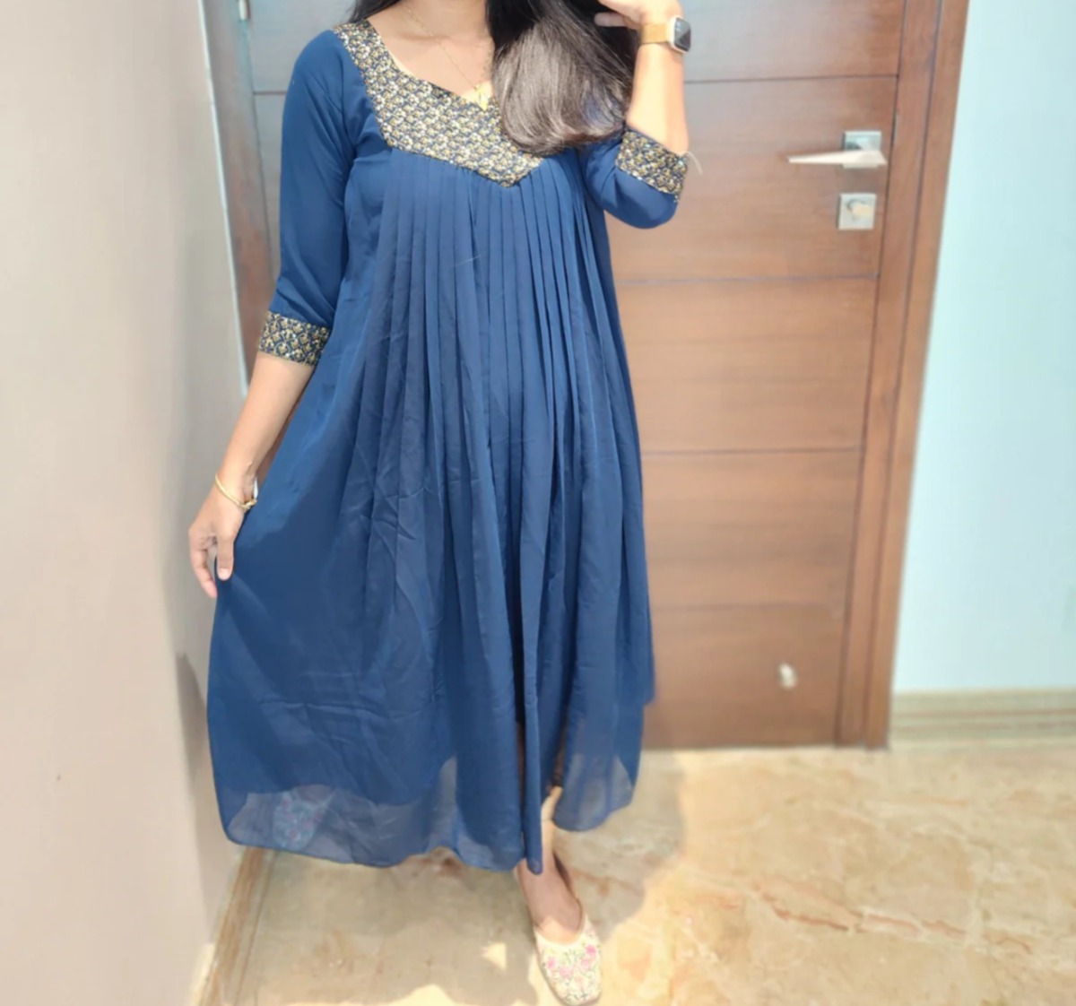Anbarasi: Georgette A-Line Kurti with Handwork & Crepe Lining | Aarral Exclusive