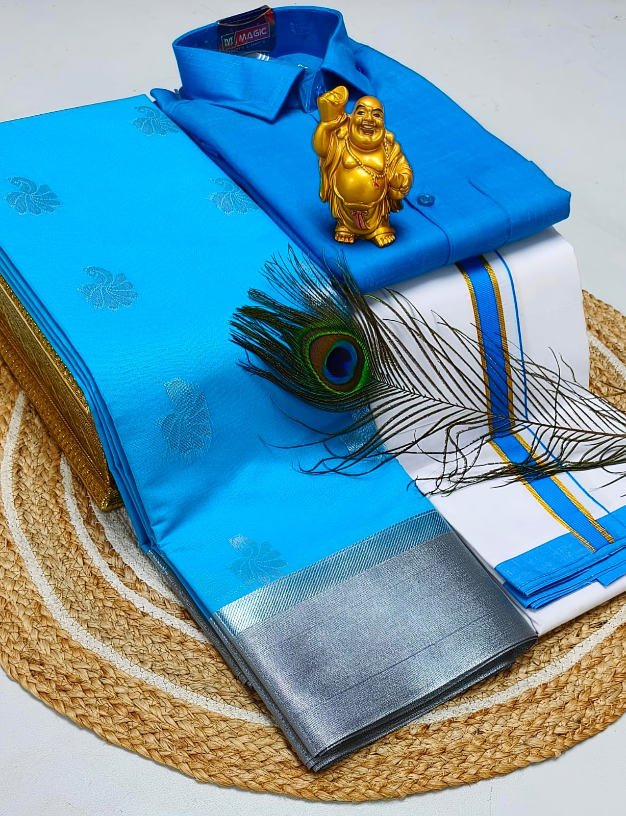 Ellampillai soft silver silk cotton saree & Cotton dotis,shirts as combo