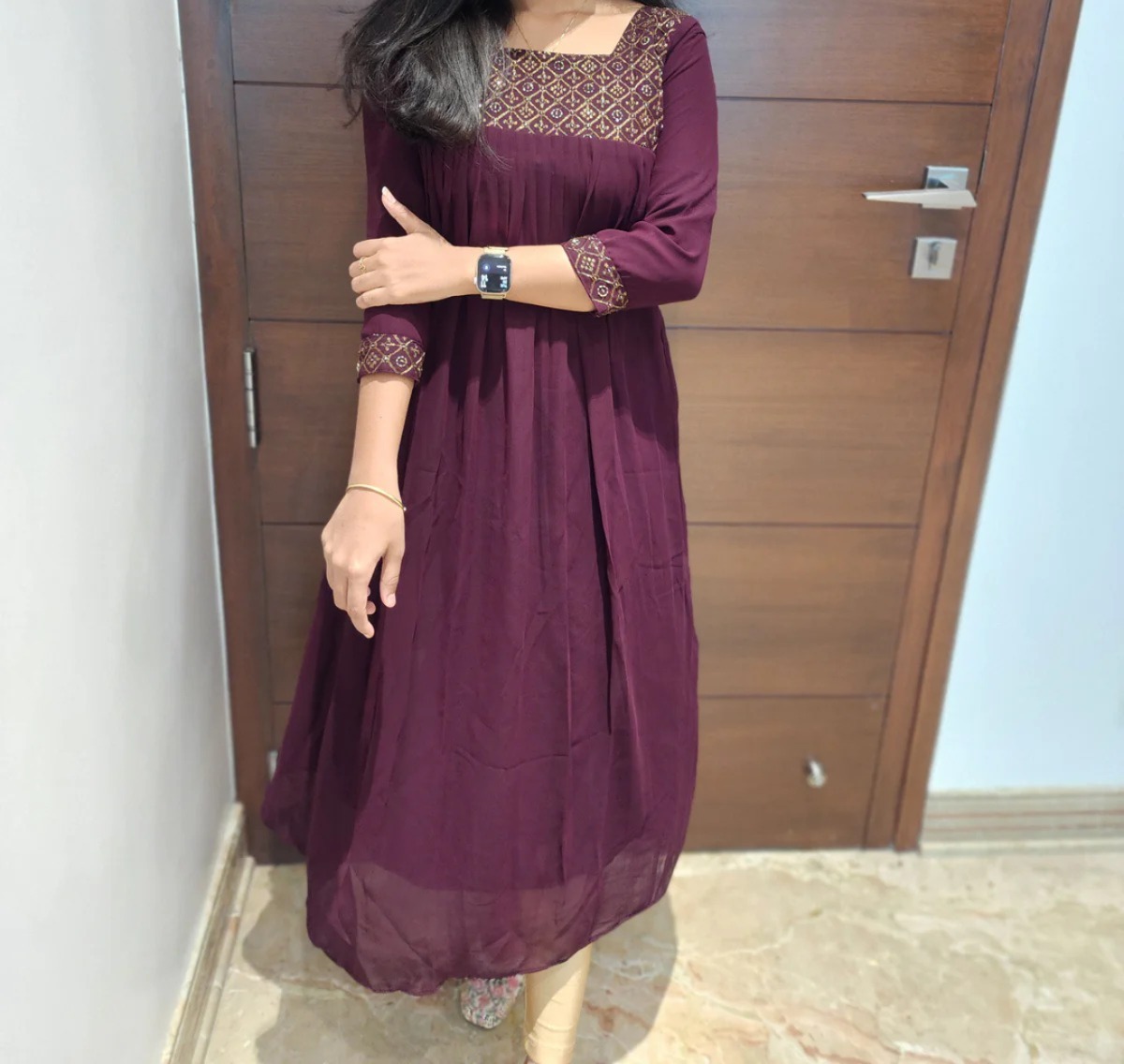 Anbarasi: Georgette A-Line Kurti with Handwork & Crepe Lining – Elegant Women's Ethnic Wear