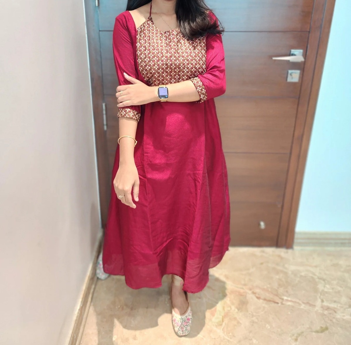 Aarral Vichitra Silk A-Line Kurti with Heavy Hand Work & Crepe Lining