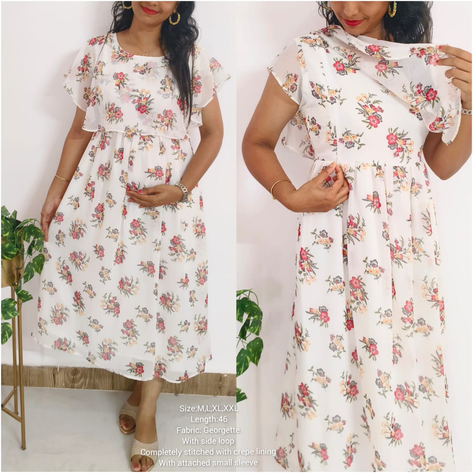 Anbarasi: Easy-to-Feed Maternity Dress with White Floral Cape | Pure Georgette Fabric | 46