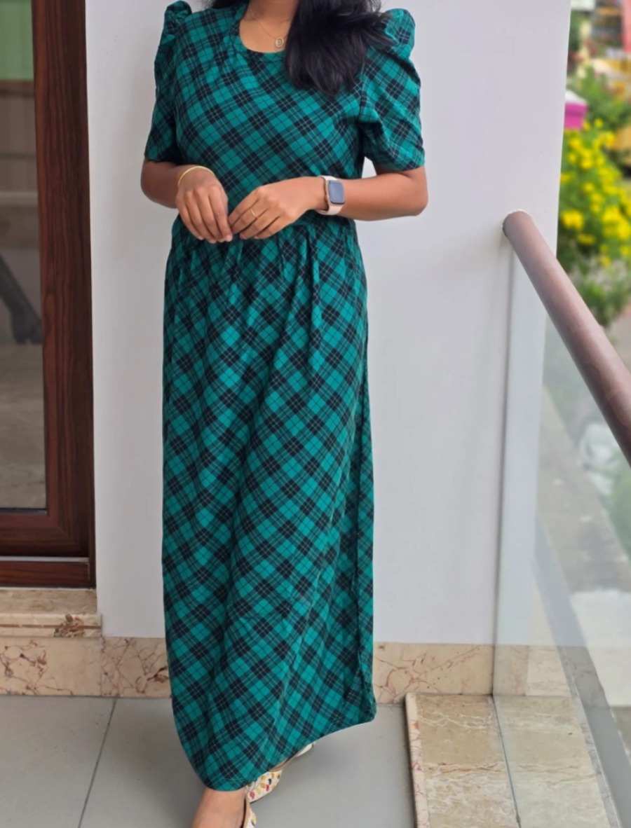 Anbarasi: Feeding-Friendly Zipless Maternity Dress | Knitted Cotton with Puff Sleeve | Adjustable Back Rope | M-XXL